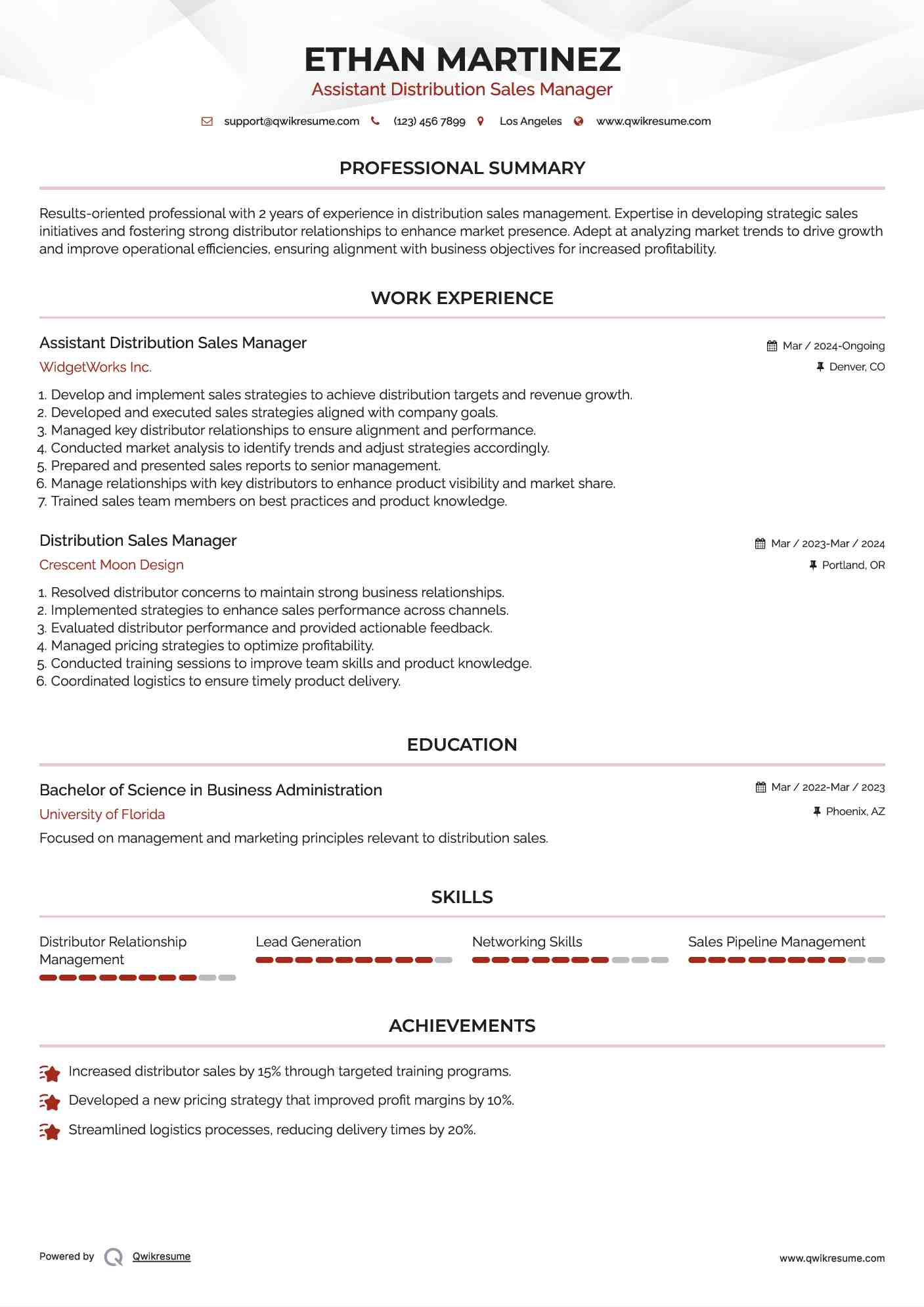 Assistant Distribution Sales Manager Resume Template