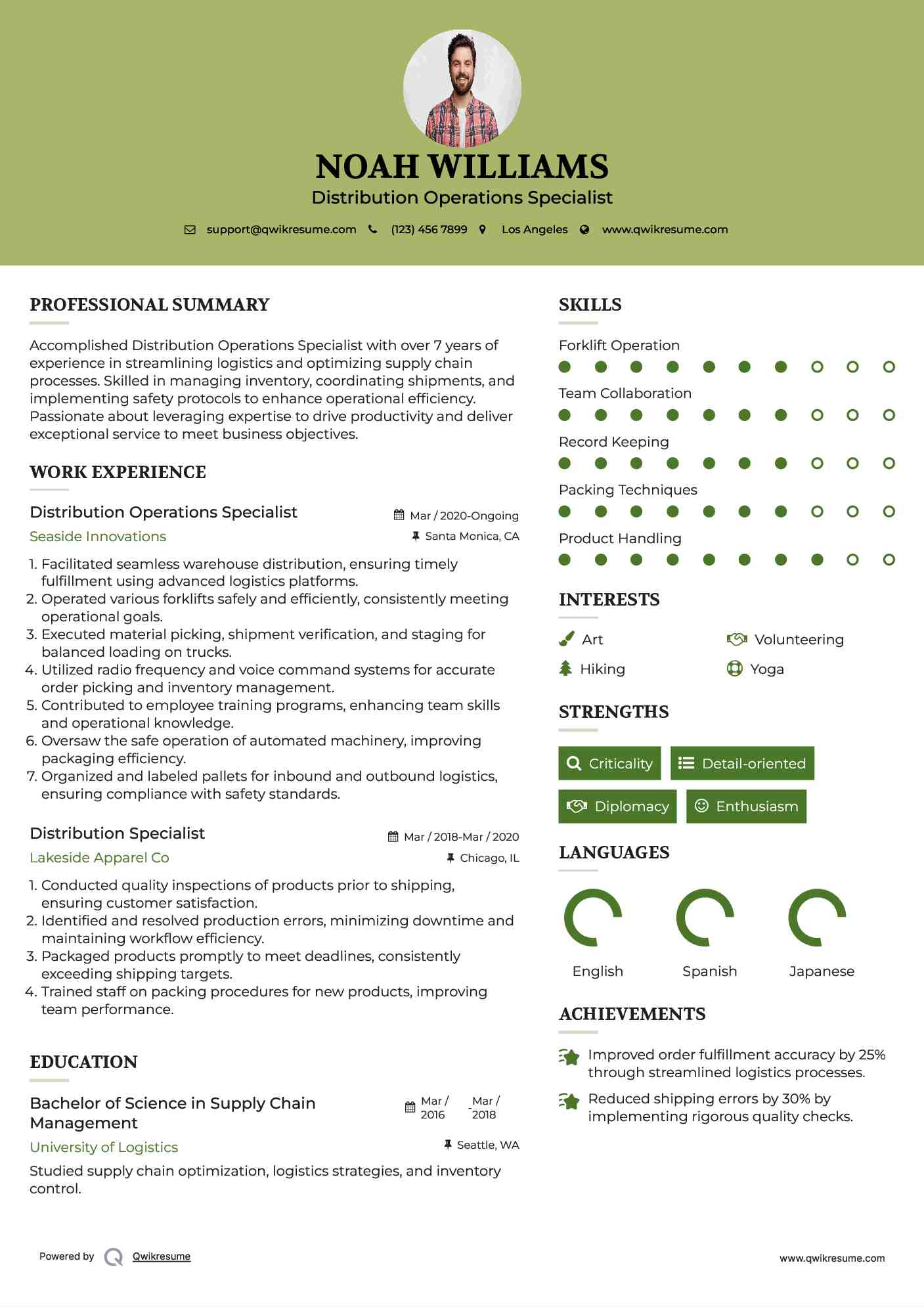 Distribution Operations Specialist Resume Sample