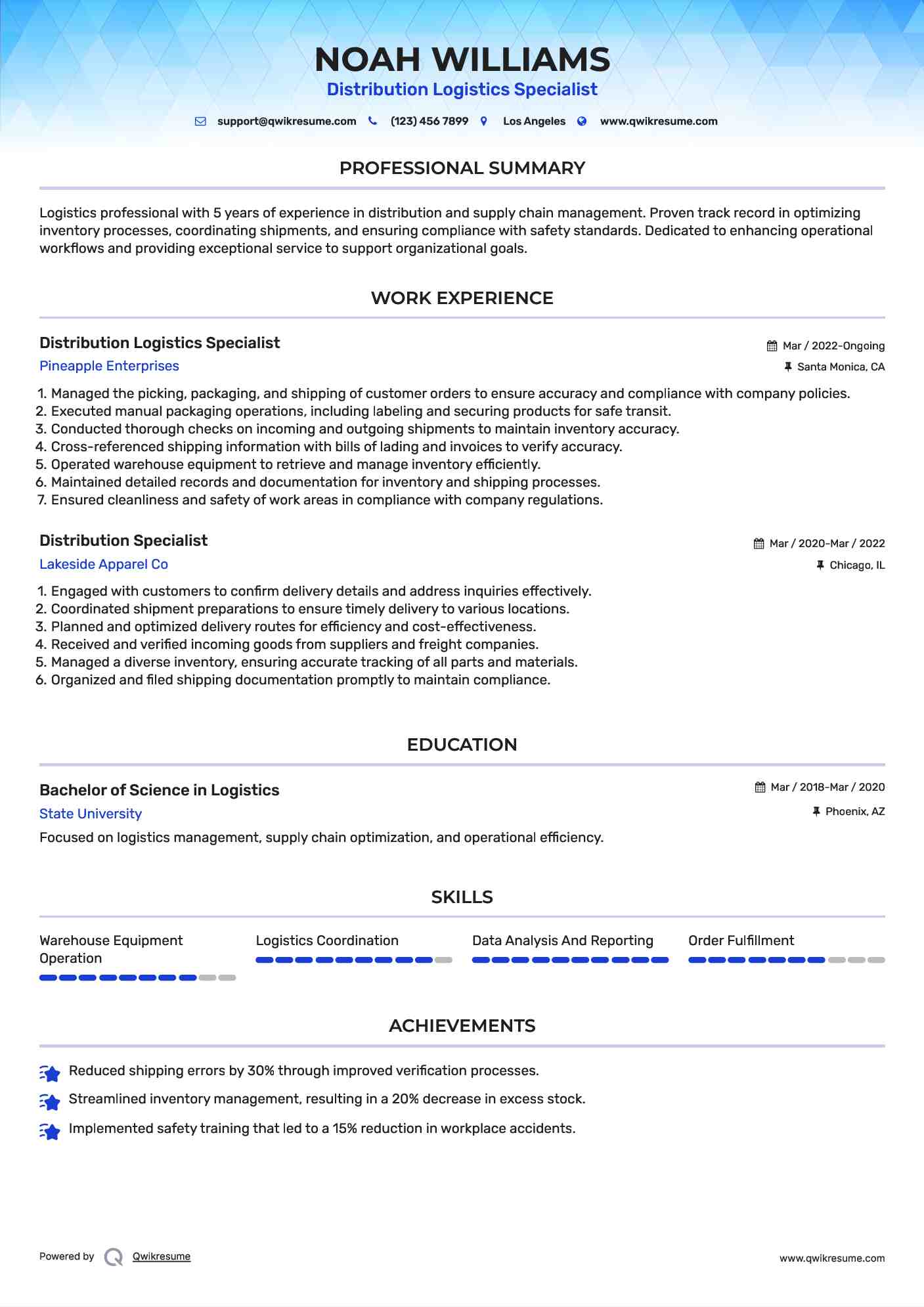 Distribution Logistics Specialist Resume Format