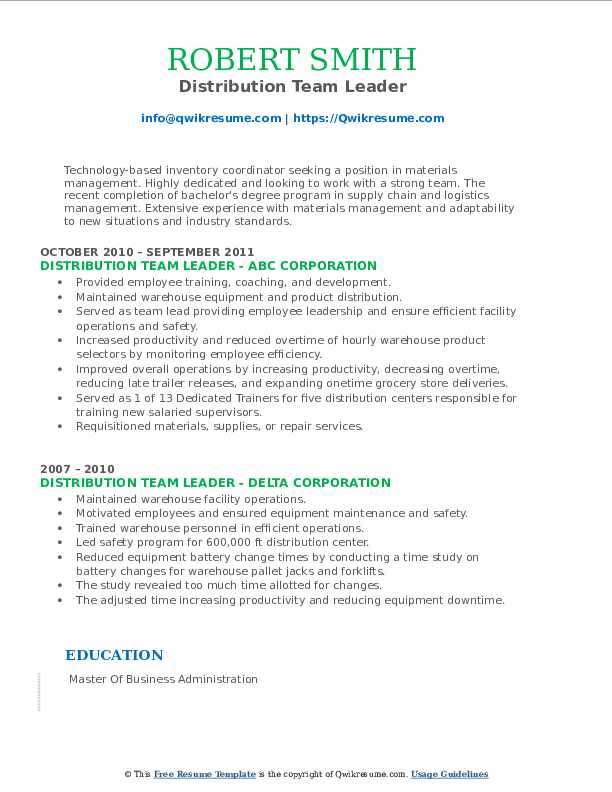 Distribution Team Leader Resume Samples QwikResume