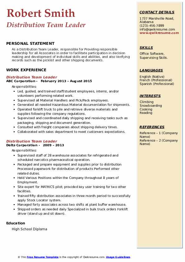 Distribution Team Leader Resume Samples QwikResume