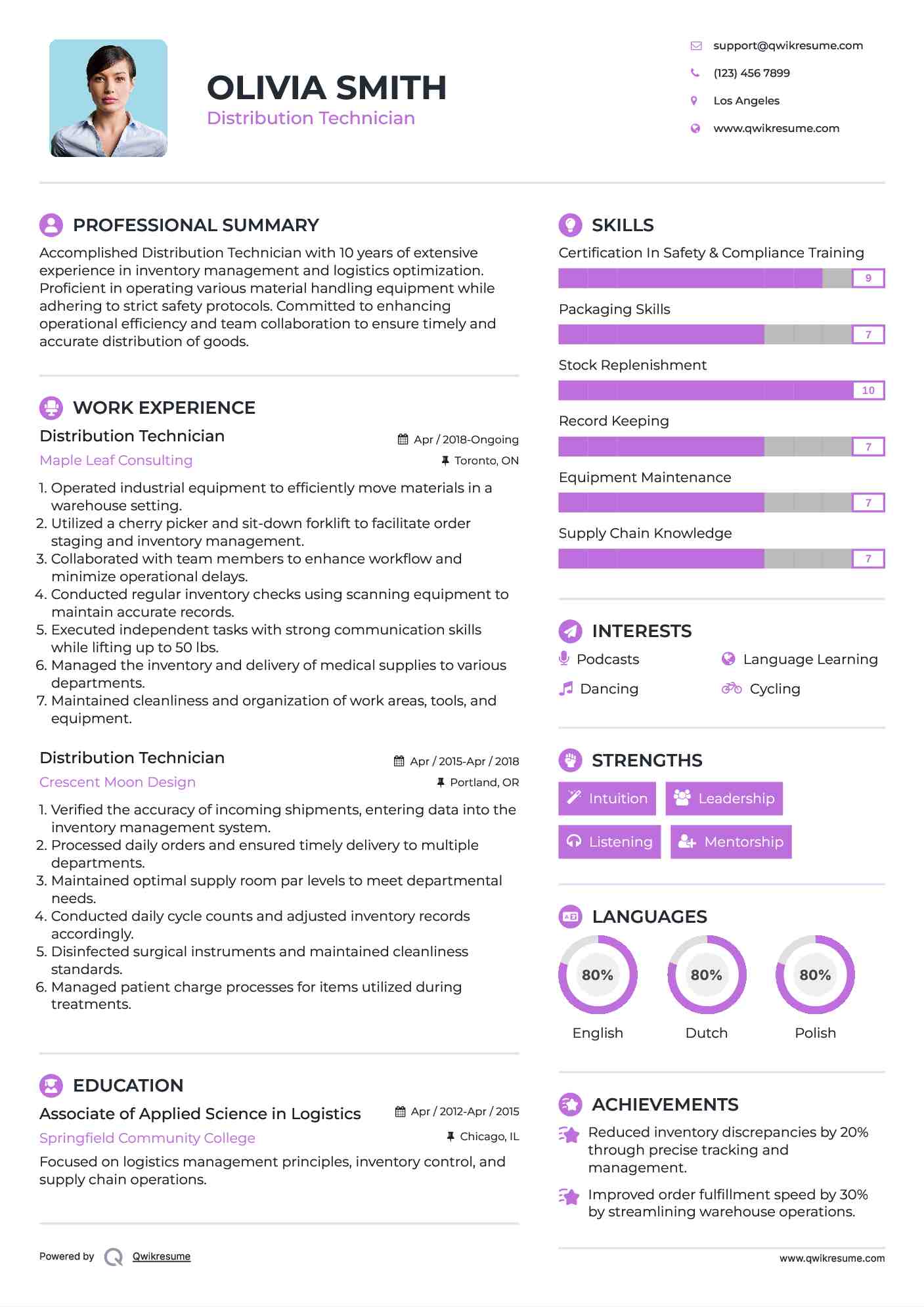 Distribution Technician Resume Example