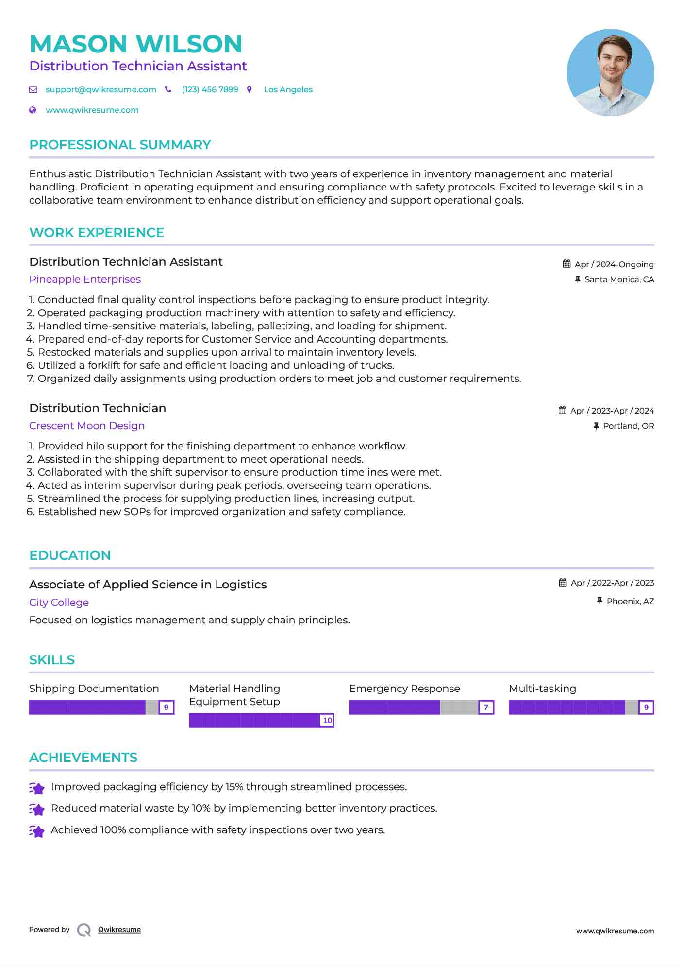 Distribution Technician Assistant Resume Sample