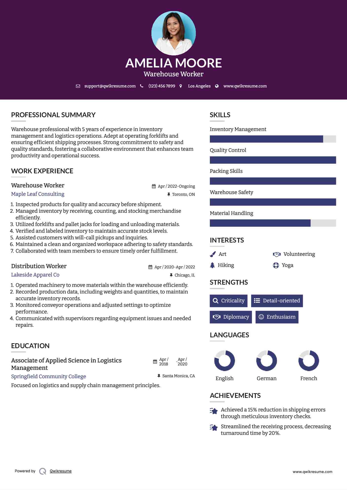 Warehouse Worker Resume Example