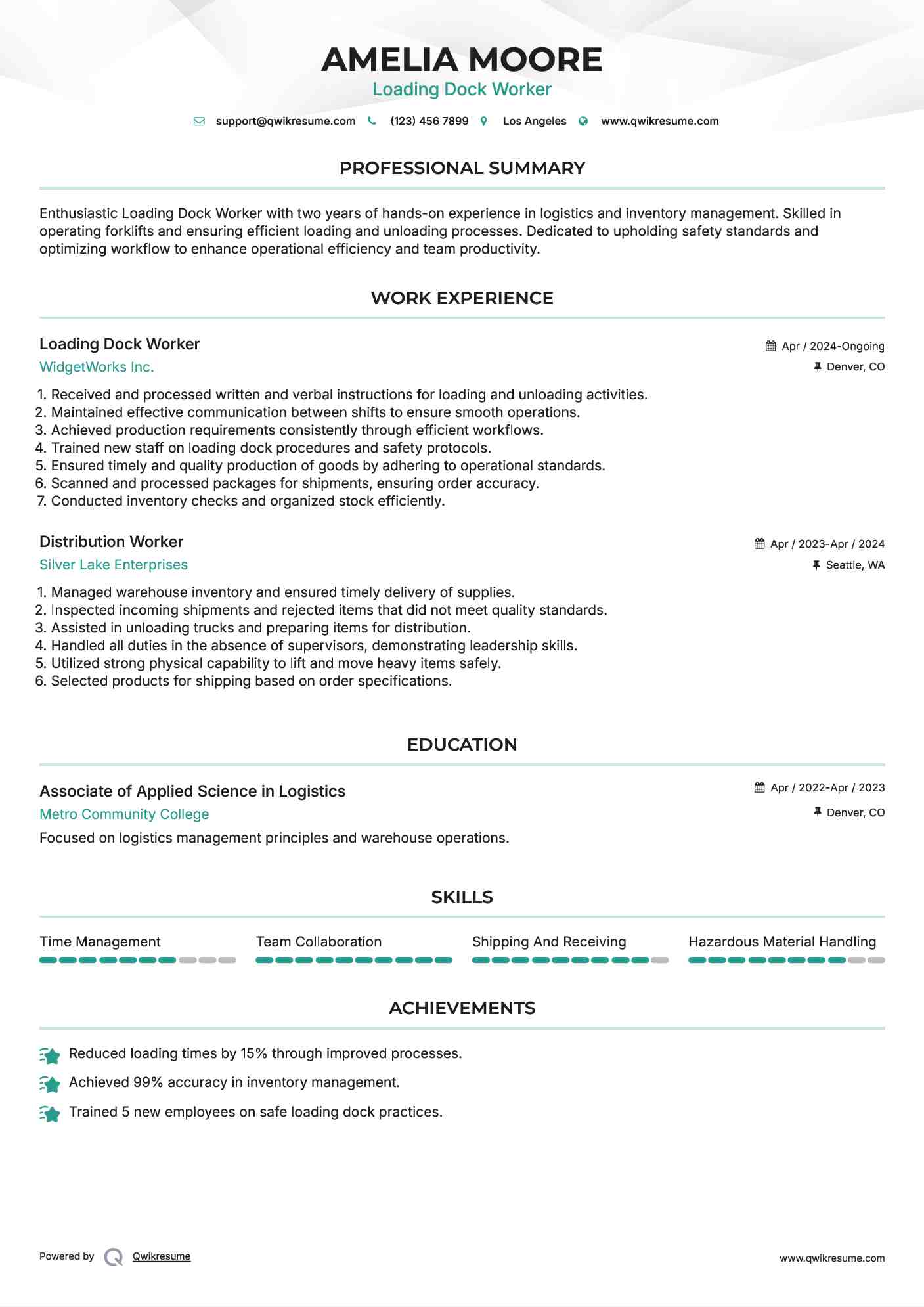 Loading Dock Worker Resume Format