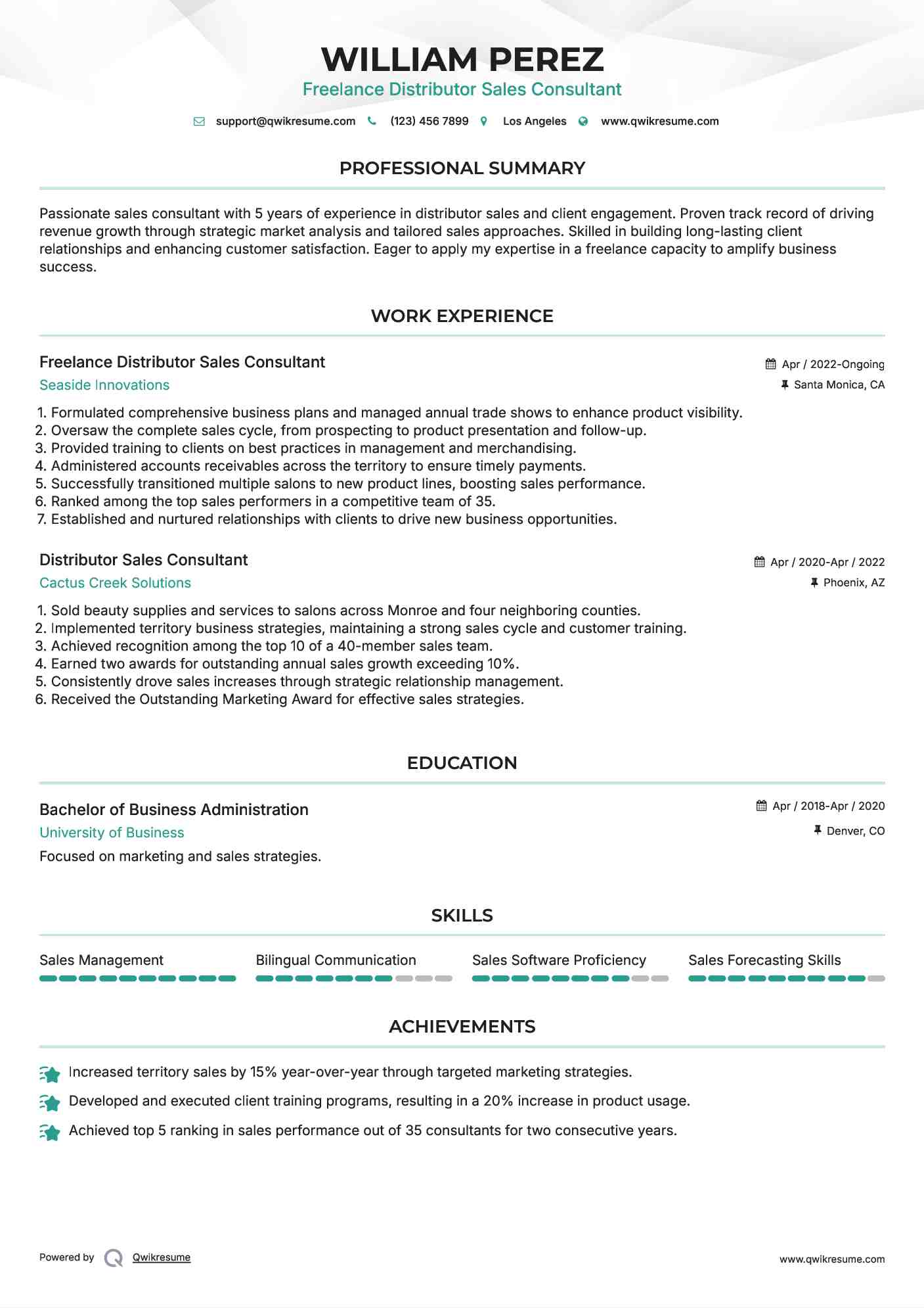 Distributor Sales Consultant Resume Samples QwikResume