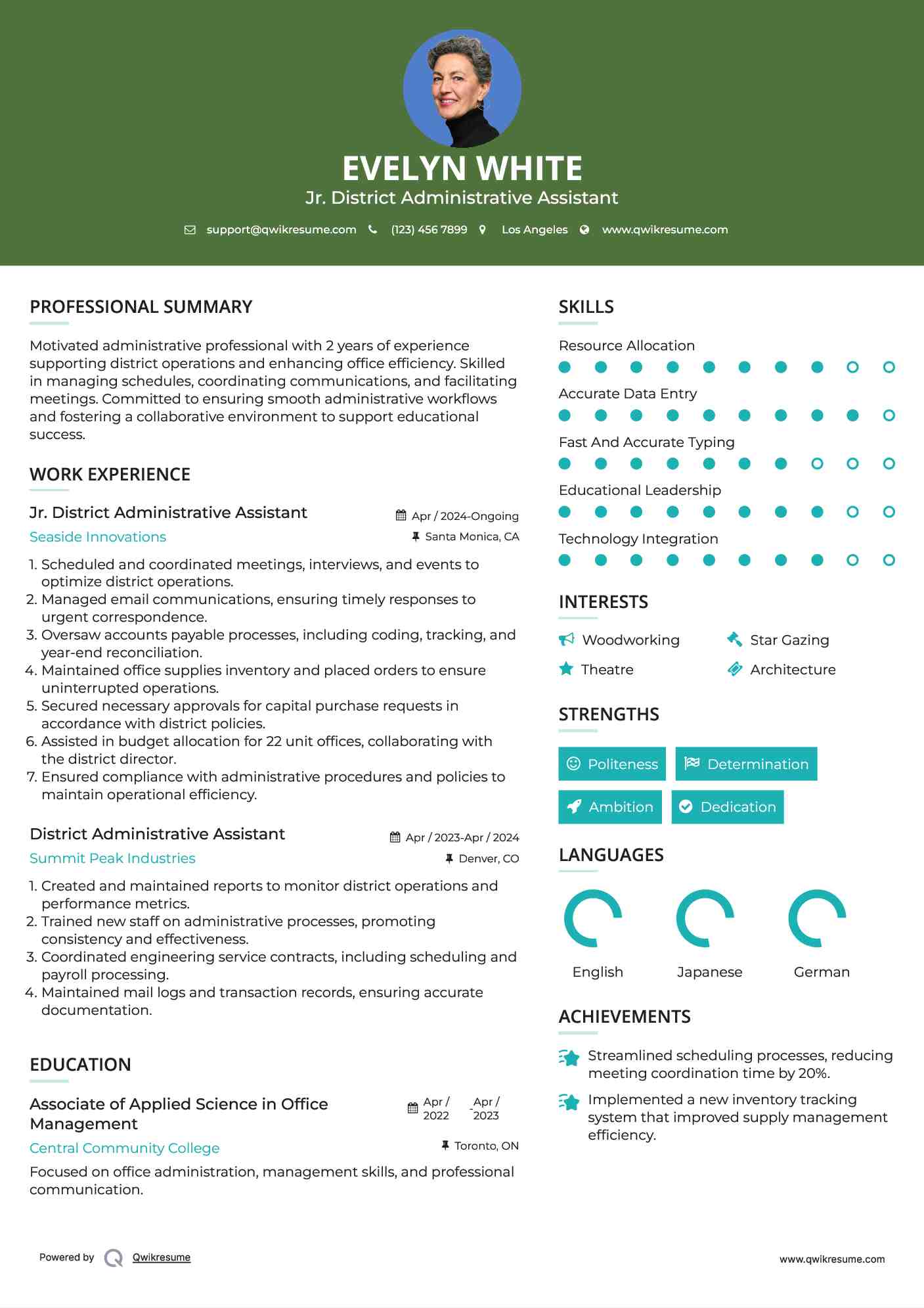 Jr. District Administrative Assistant Resume Template
