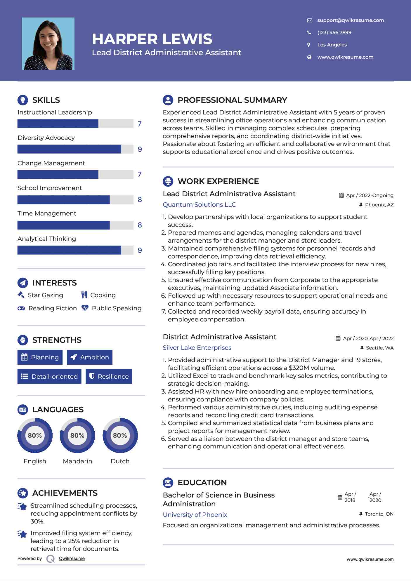 Lead District Administrative Assistant Resume Format