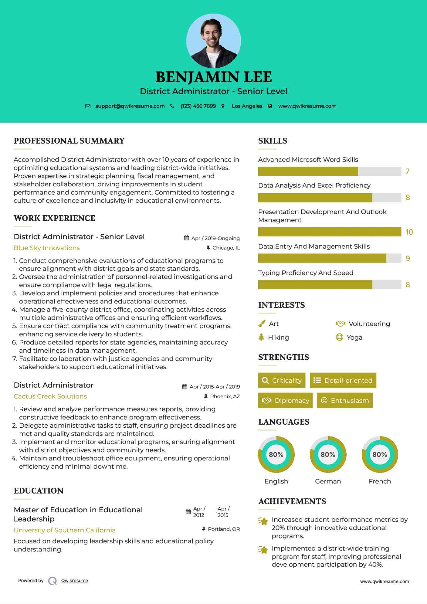 District Administrator - Senior Level Resume Example