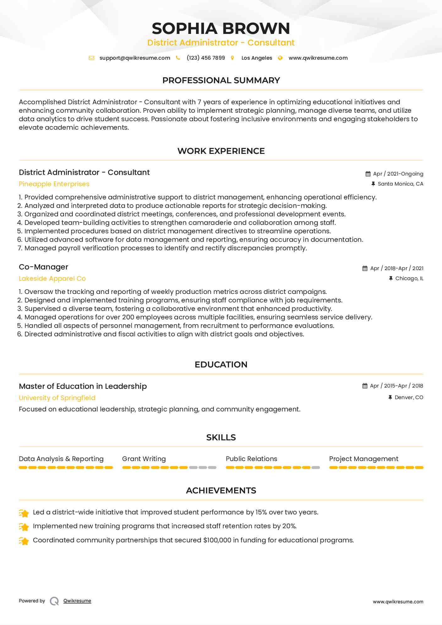 District Administrator - Consultant Resume Model