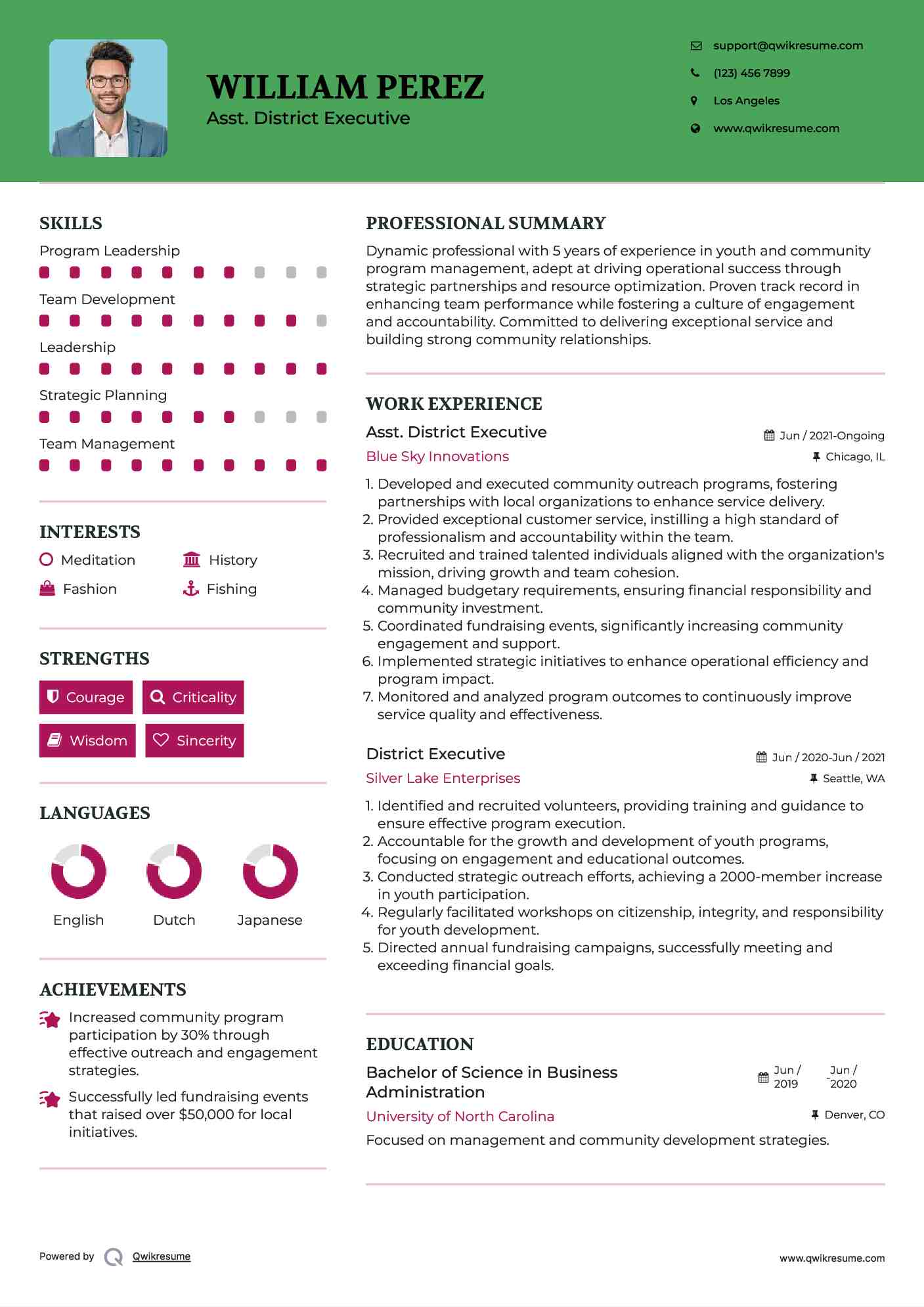Asst. District Executive Resume Example