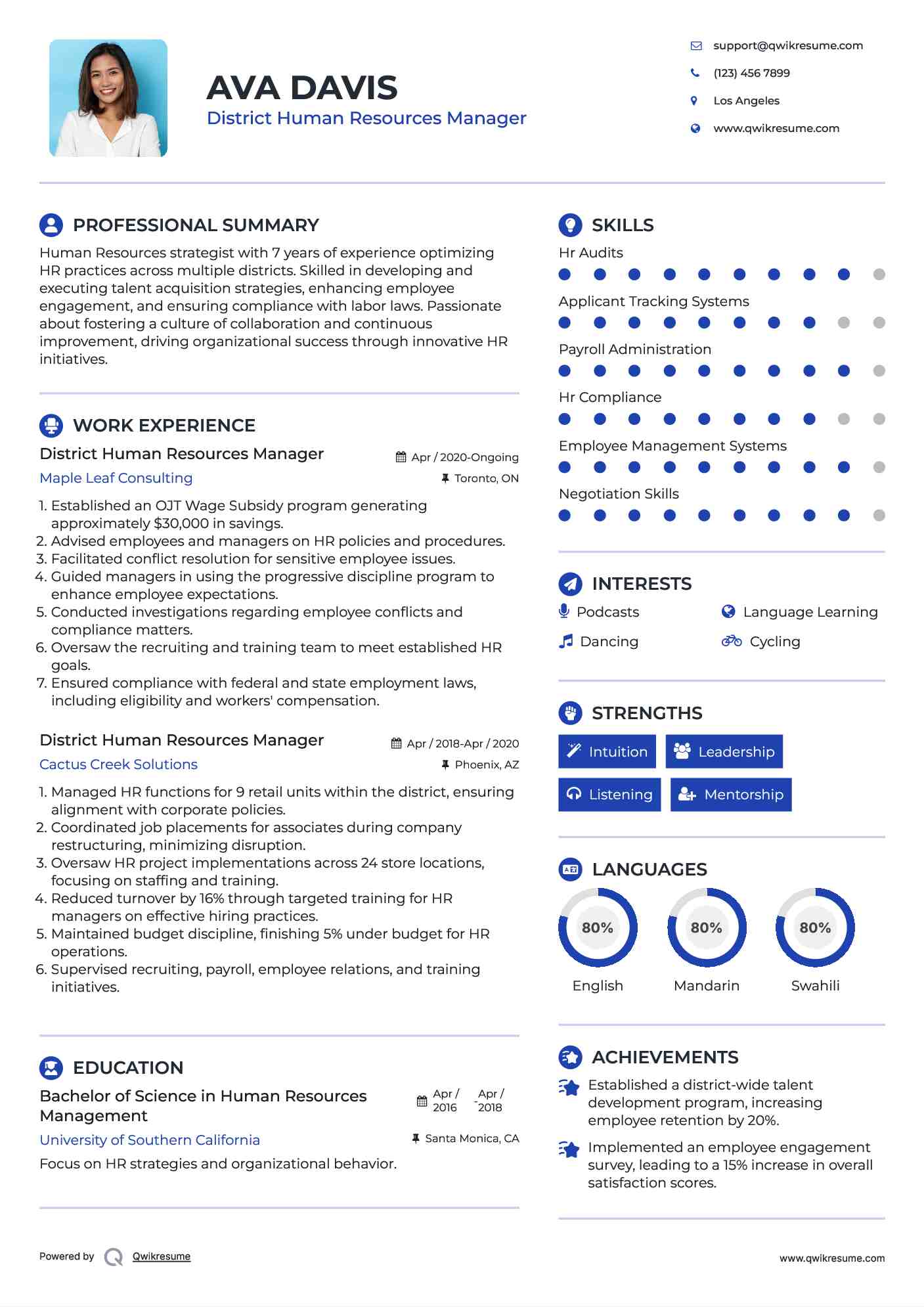 District Human Resources Manager Resume Template