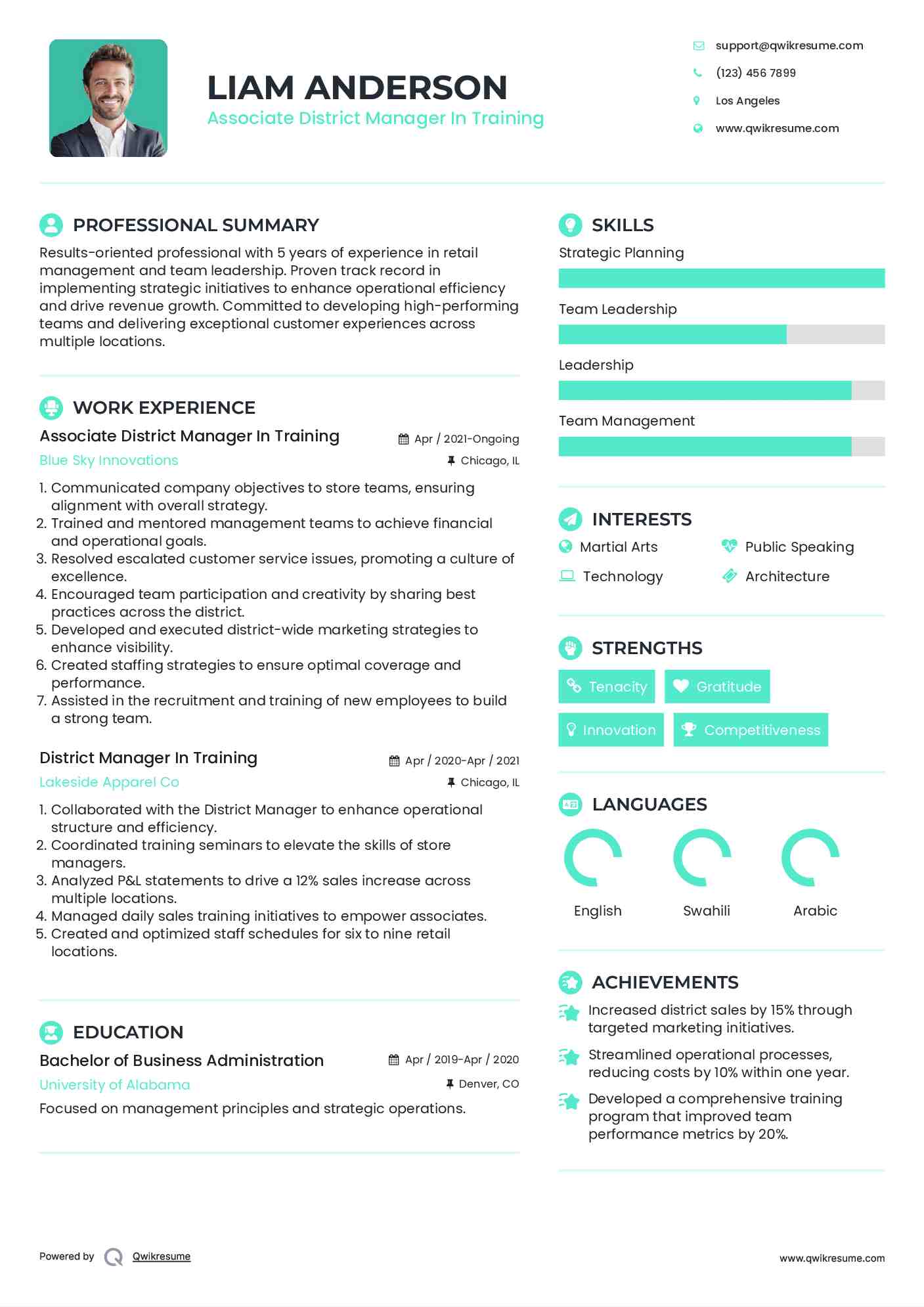 Associate District Manager In Training Resume Sample