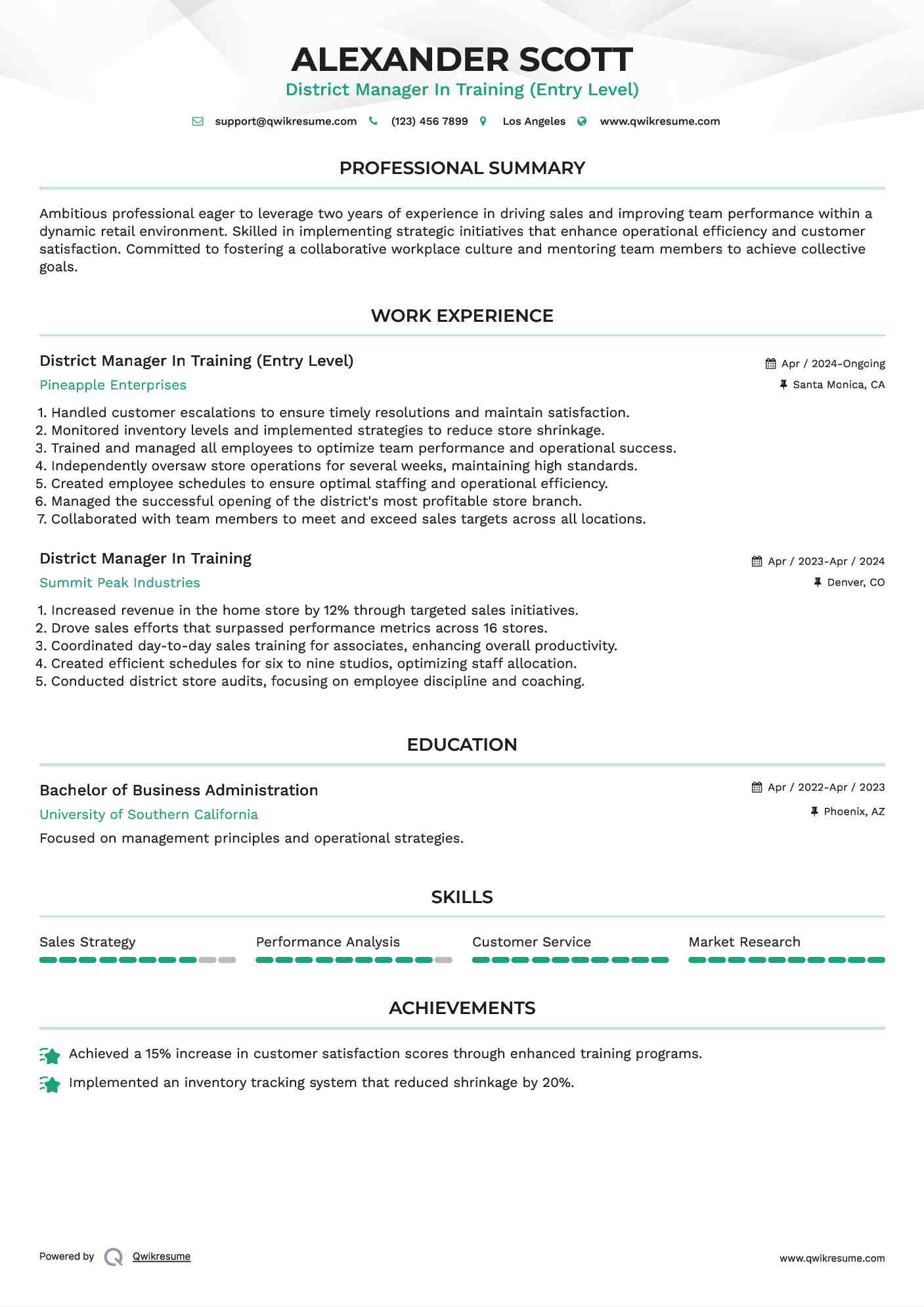 District Manager In Training (Entry Level) Resume Model