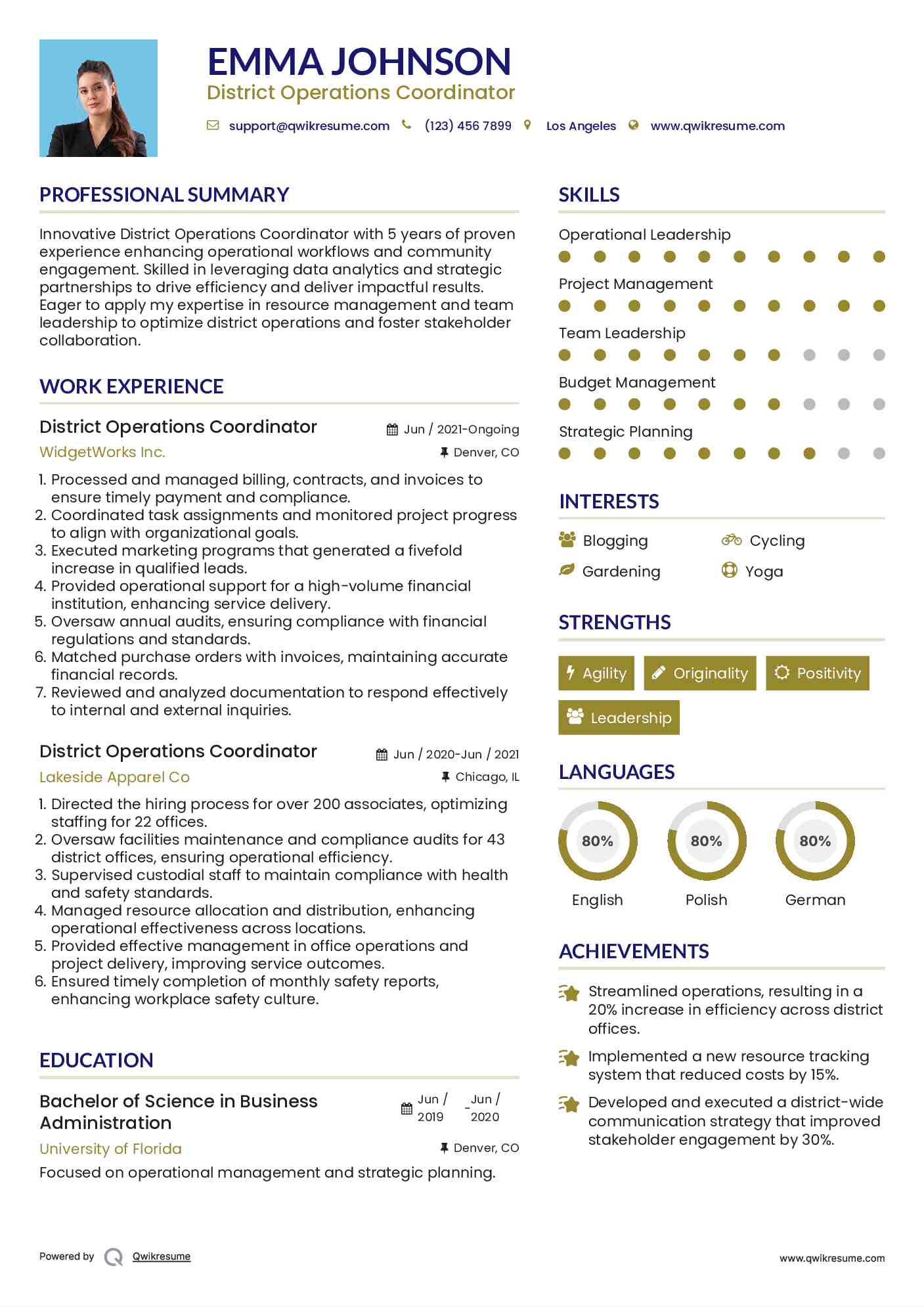 District Operations Coordinator Resume Model