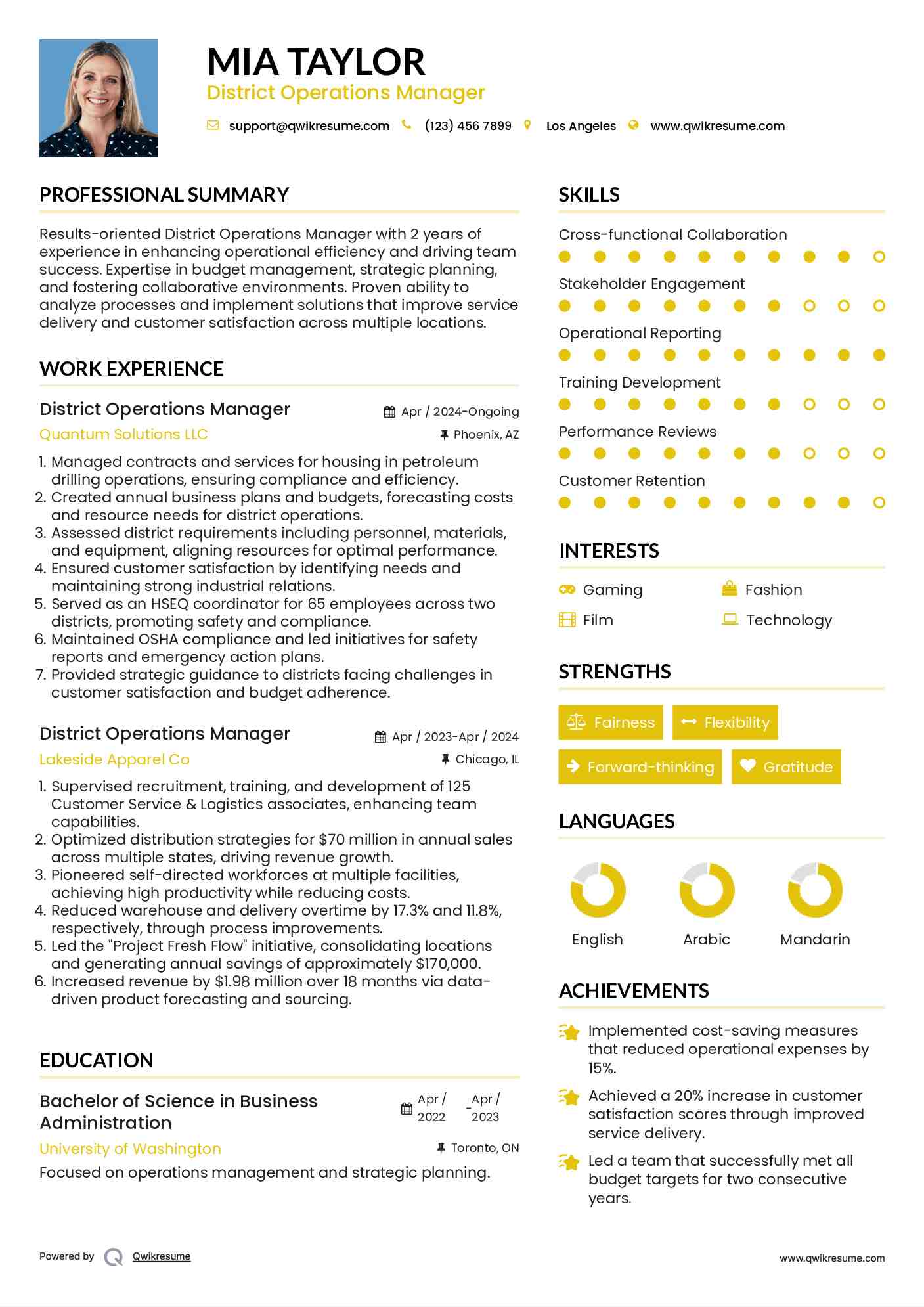 District Operations Manager Resume Format
