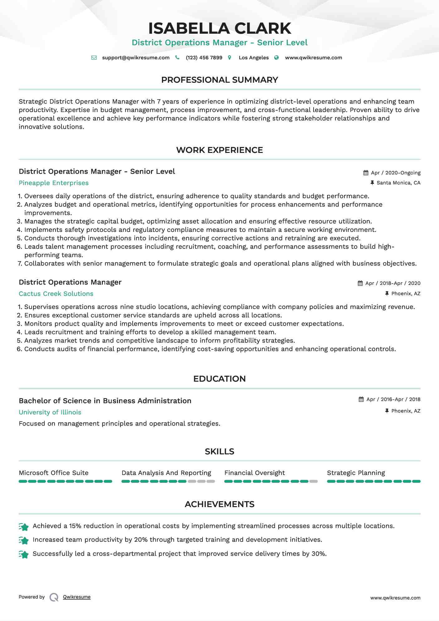 District operations manager resume