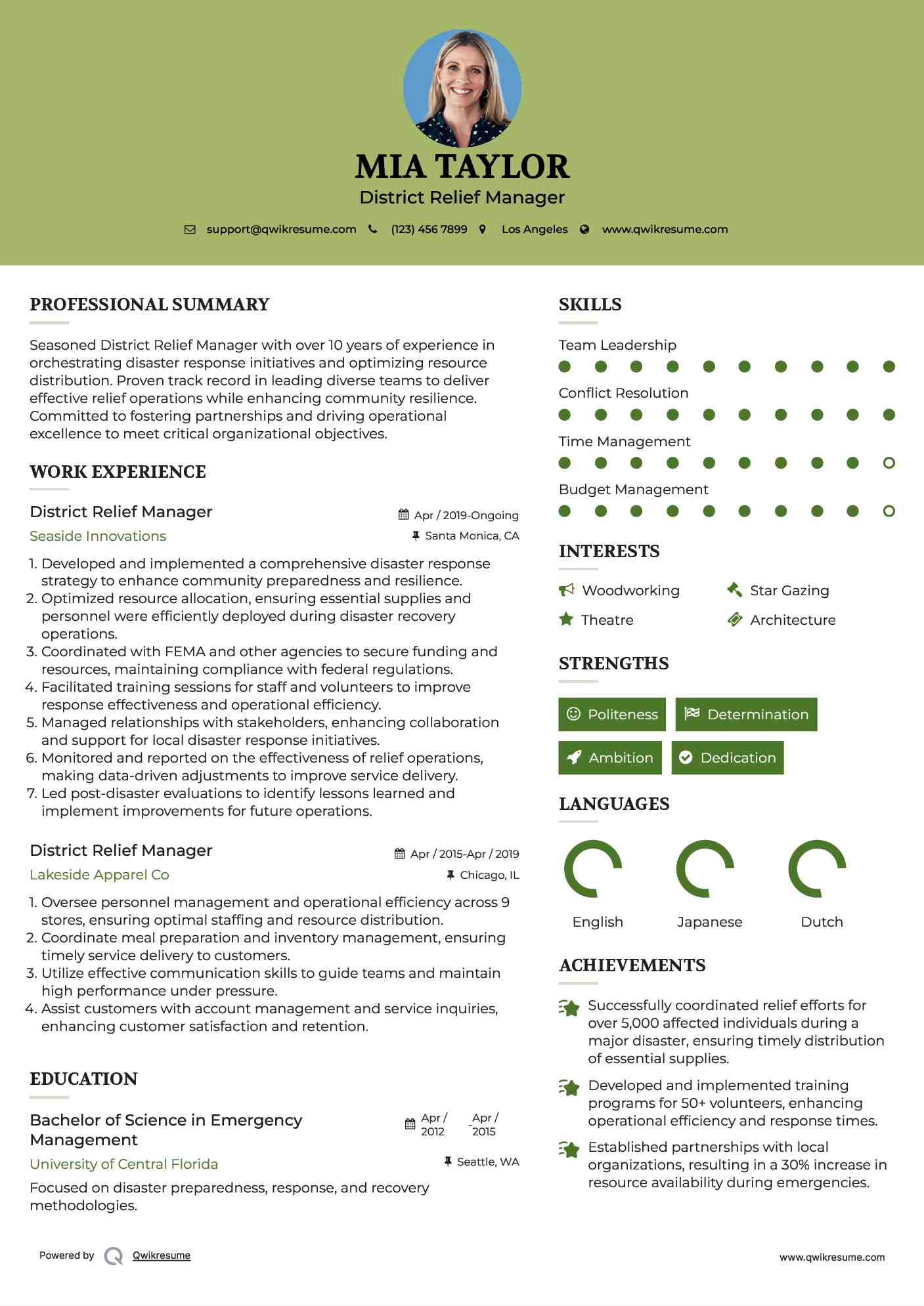 District Relief Manager Resume Format