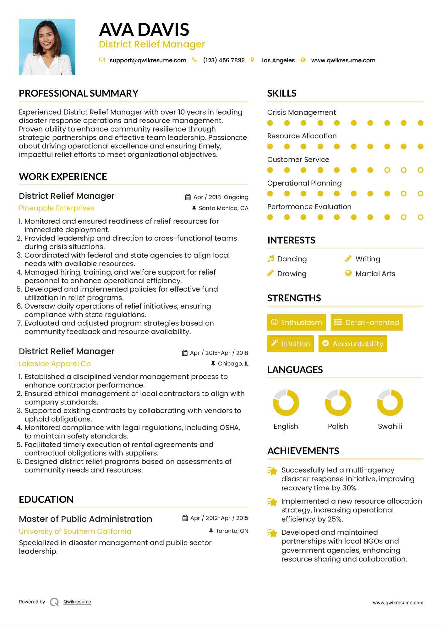 District Relief Manager Resume Sample