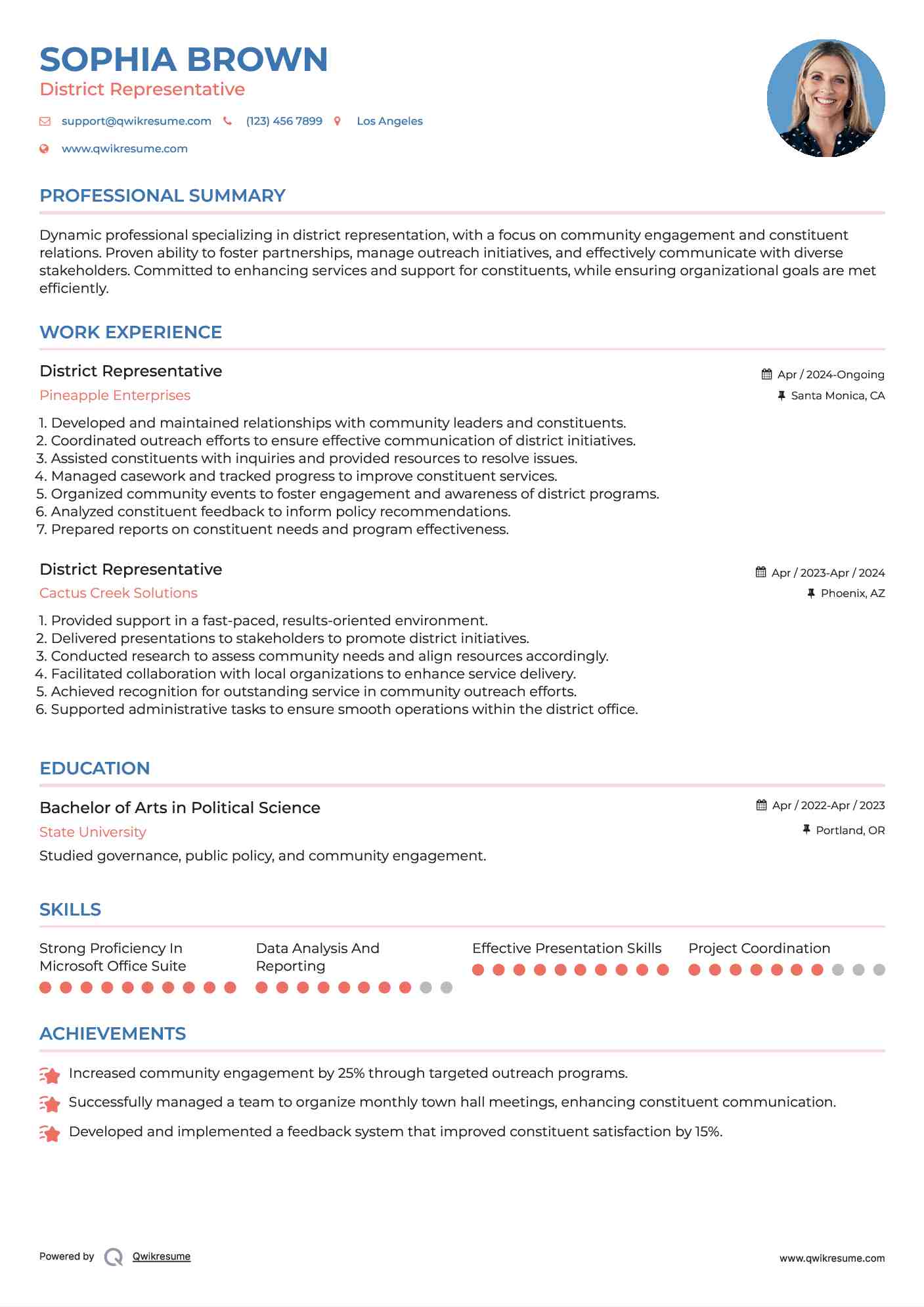 District Representative Resume Example