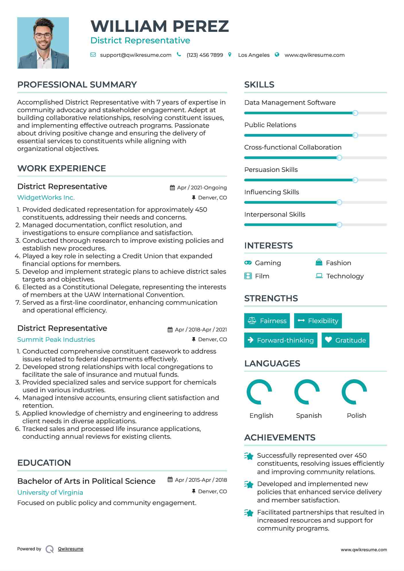 District Representative Resume Example