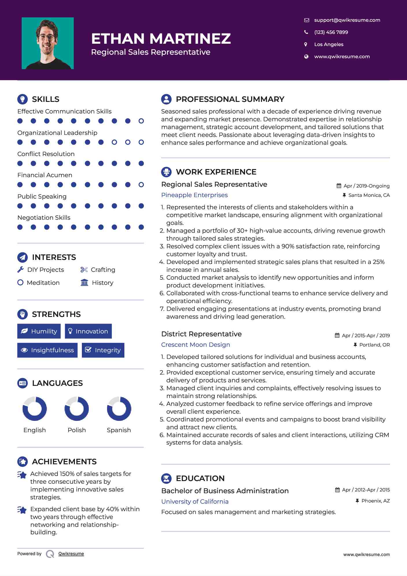 Regional Sales Representative Resume Model