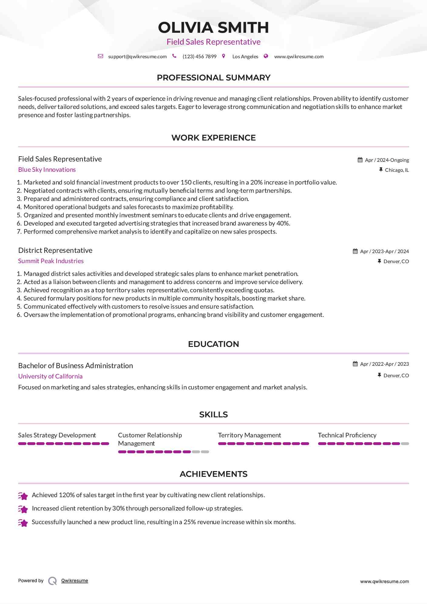 Field Sales Representative Resume Format