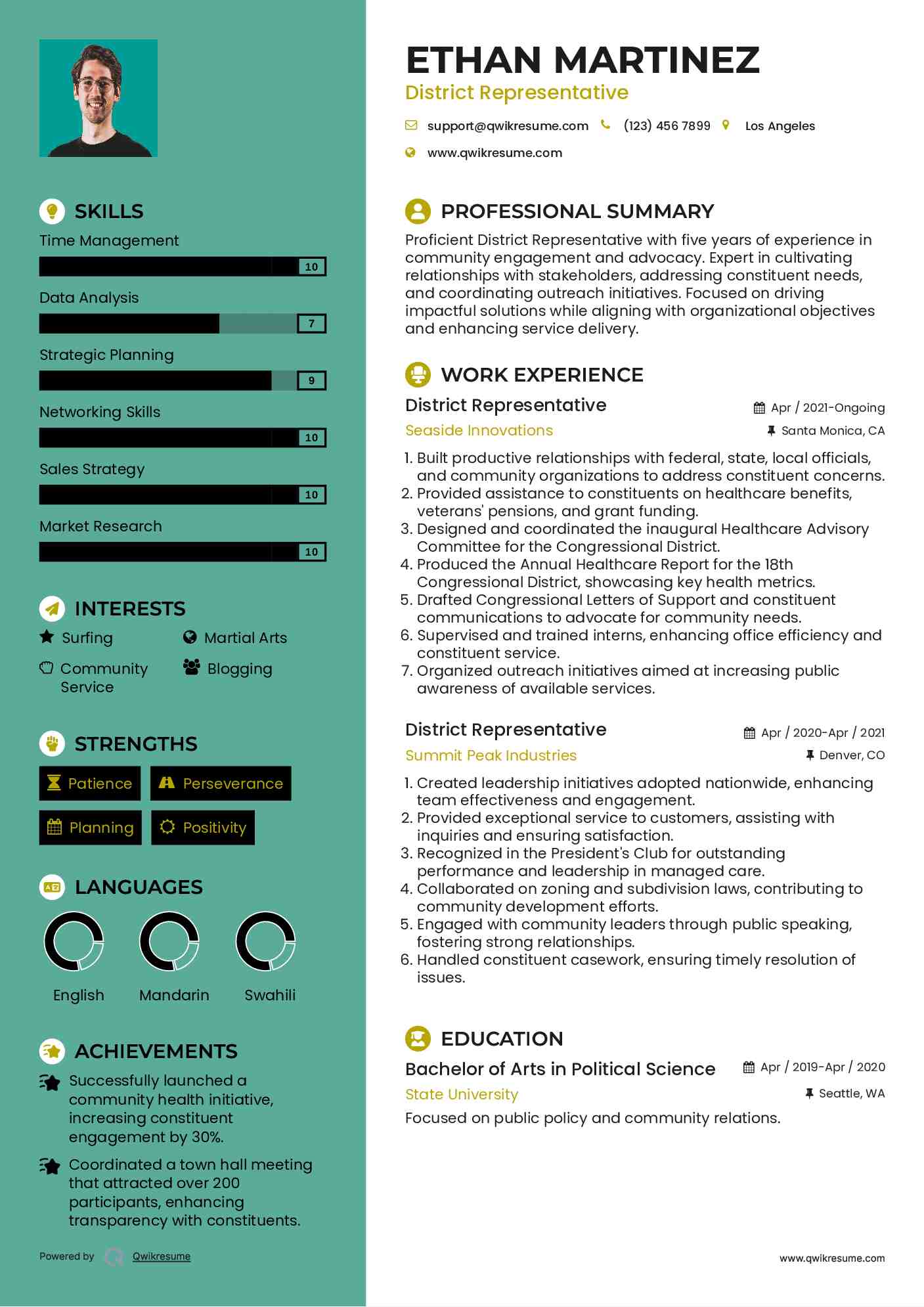District Representative Resume Example