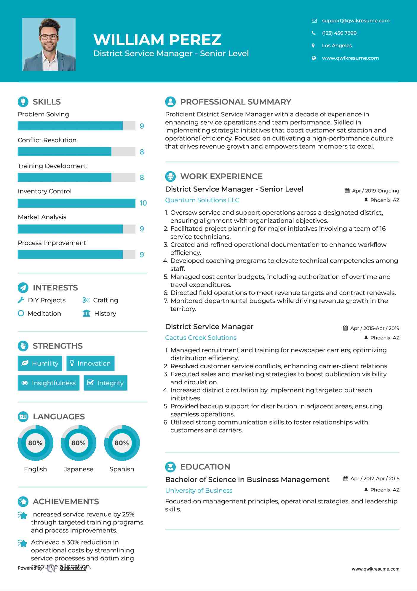 District Service Manager - Senior Level Resume Template