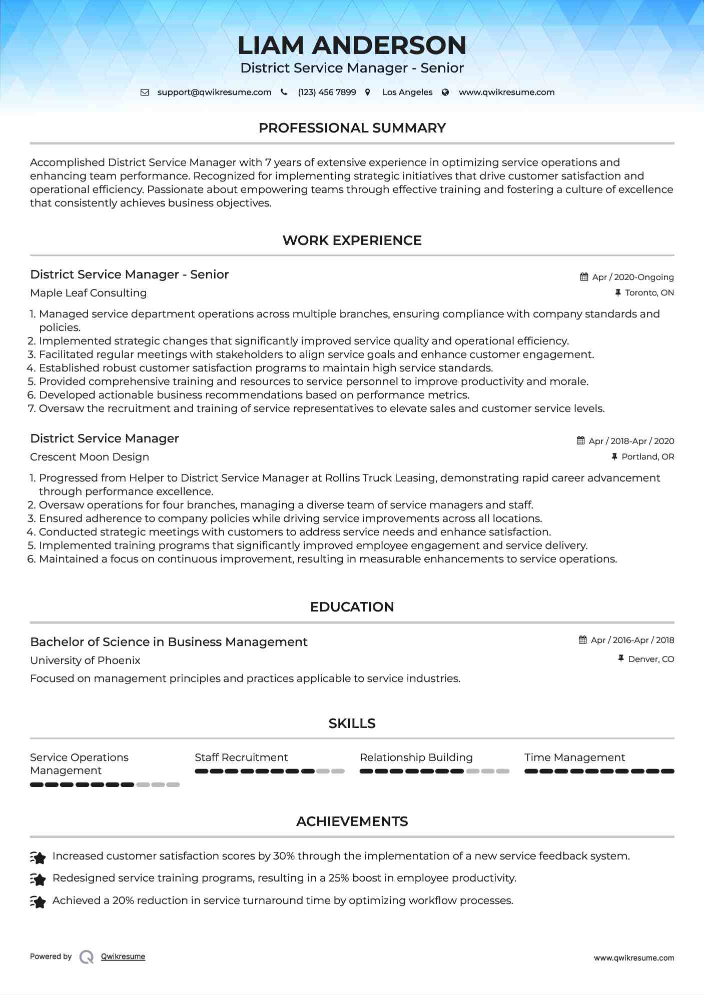 District Service Manager - Senior Resume Format