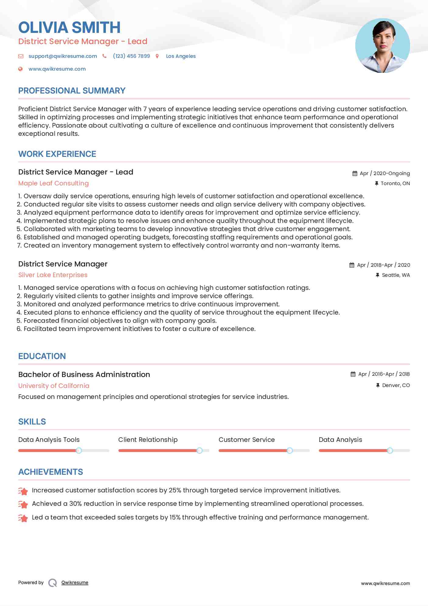 District Service Manager - Lead Resume Format