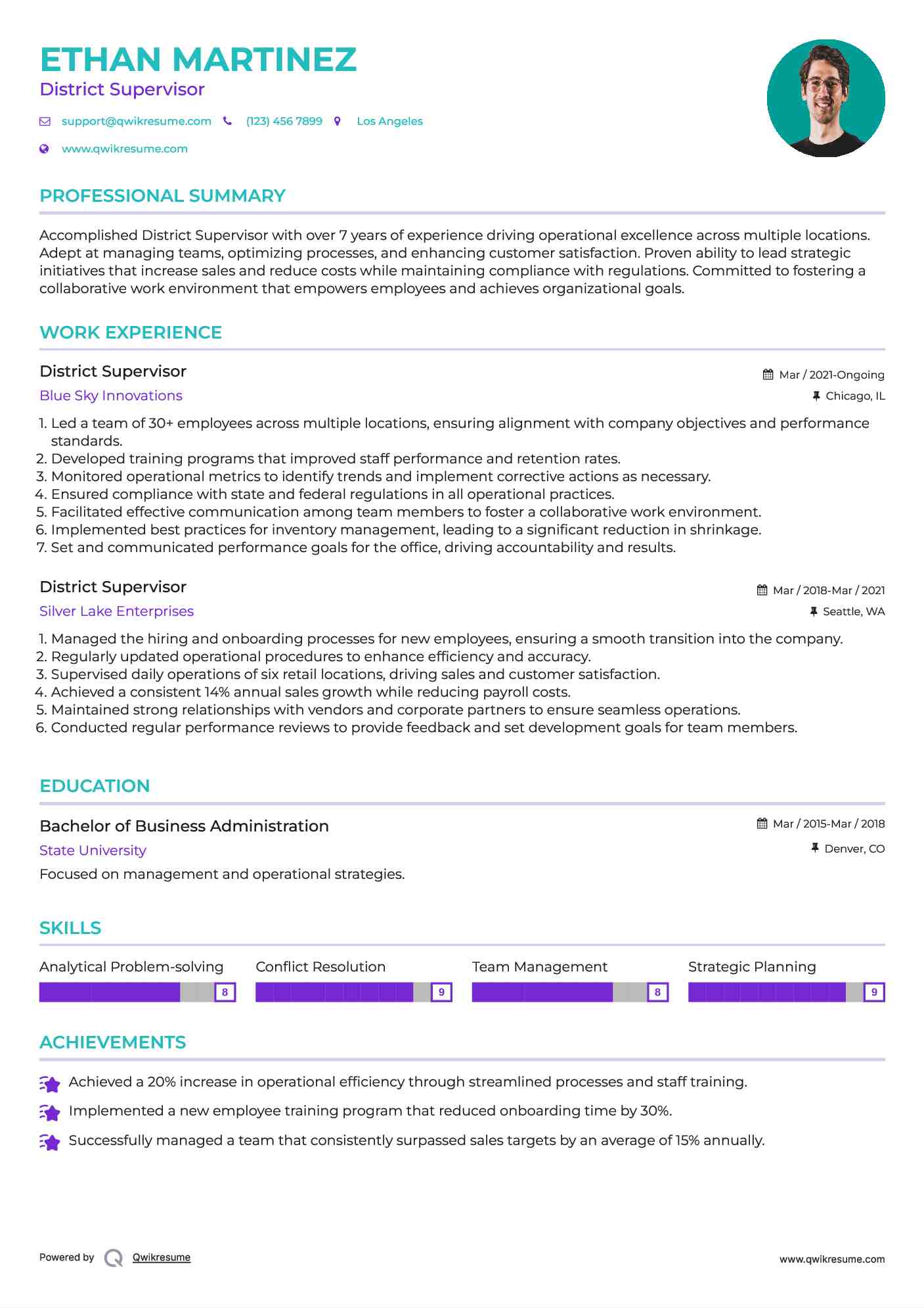 District Supervisor Resume Sample