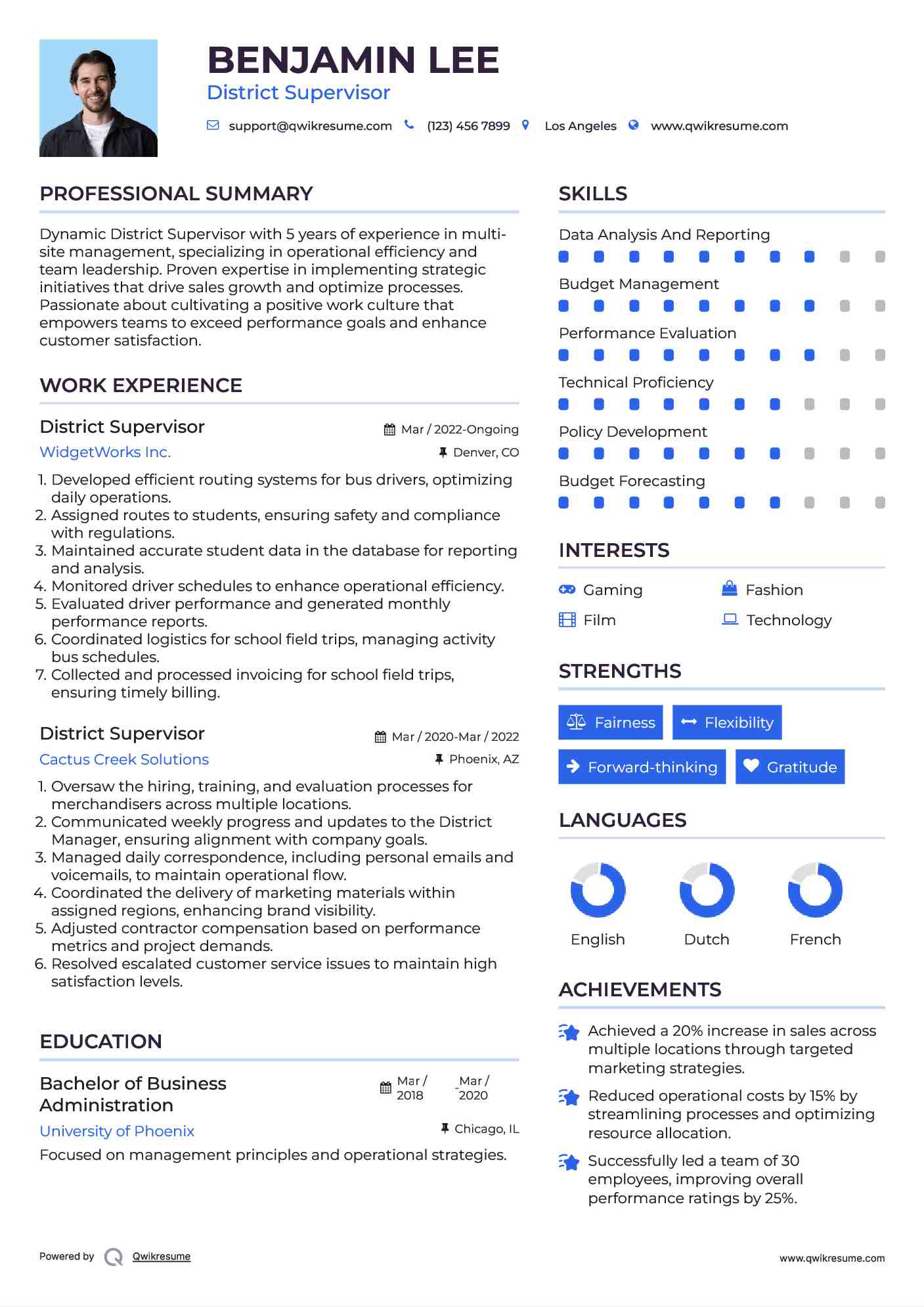 District Supervisor Resume Sample