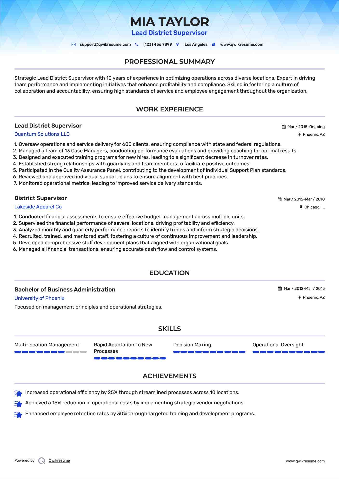 Lead District Supervisor Resume Template