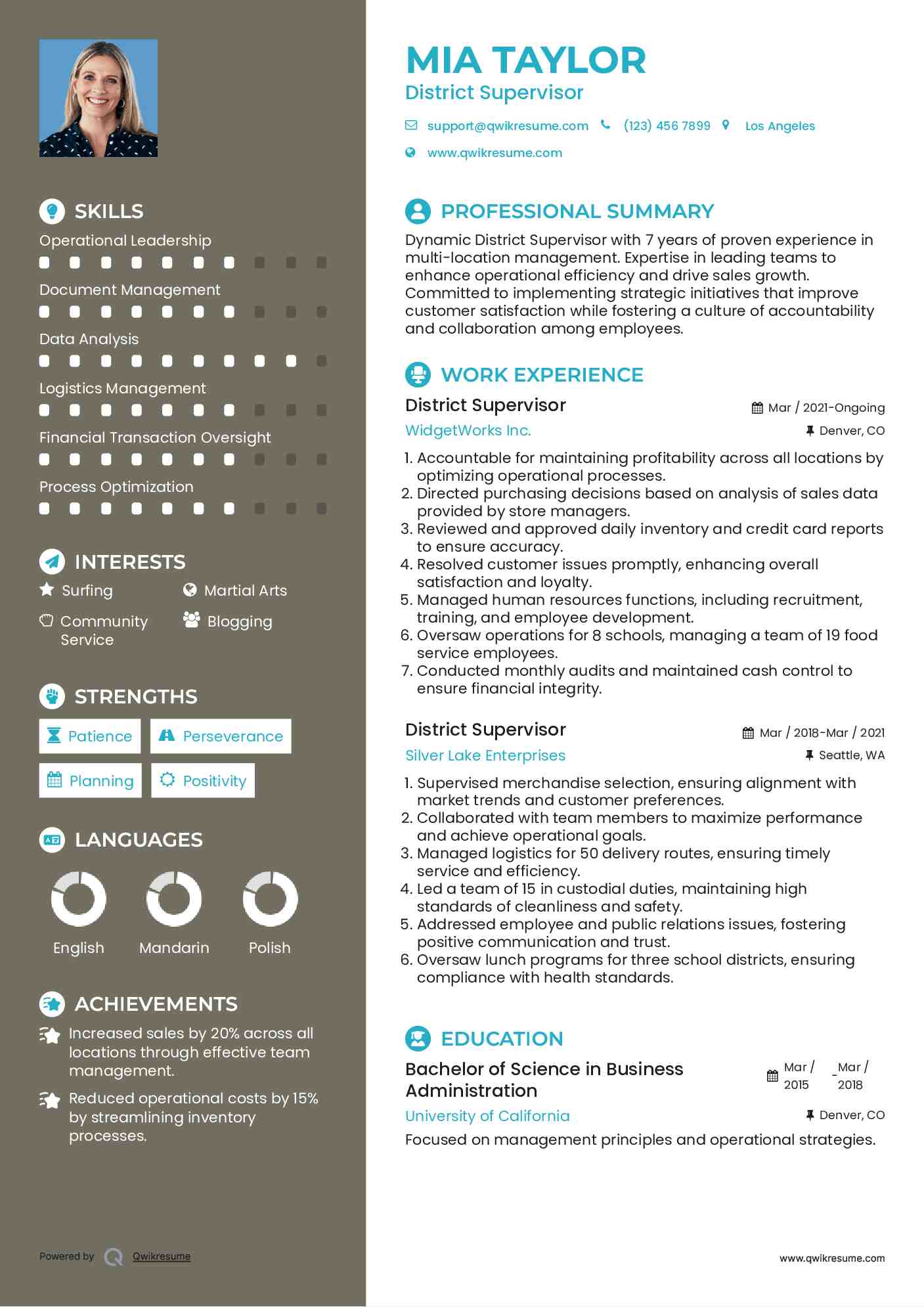 District Supervisor Resume Sample