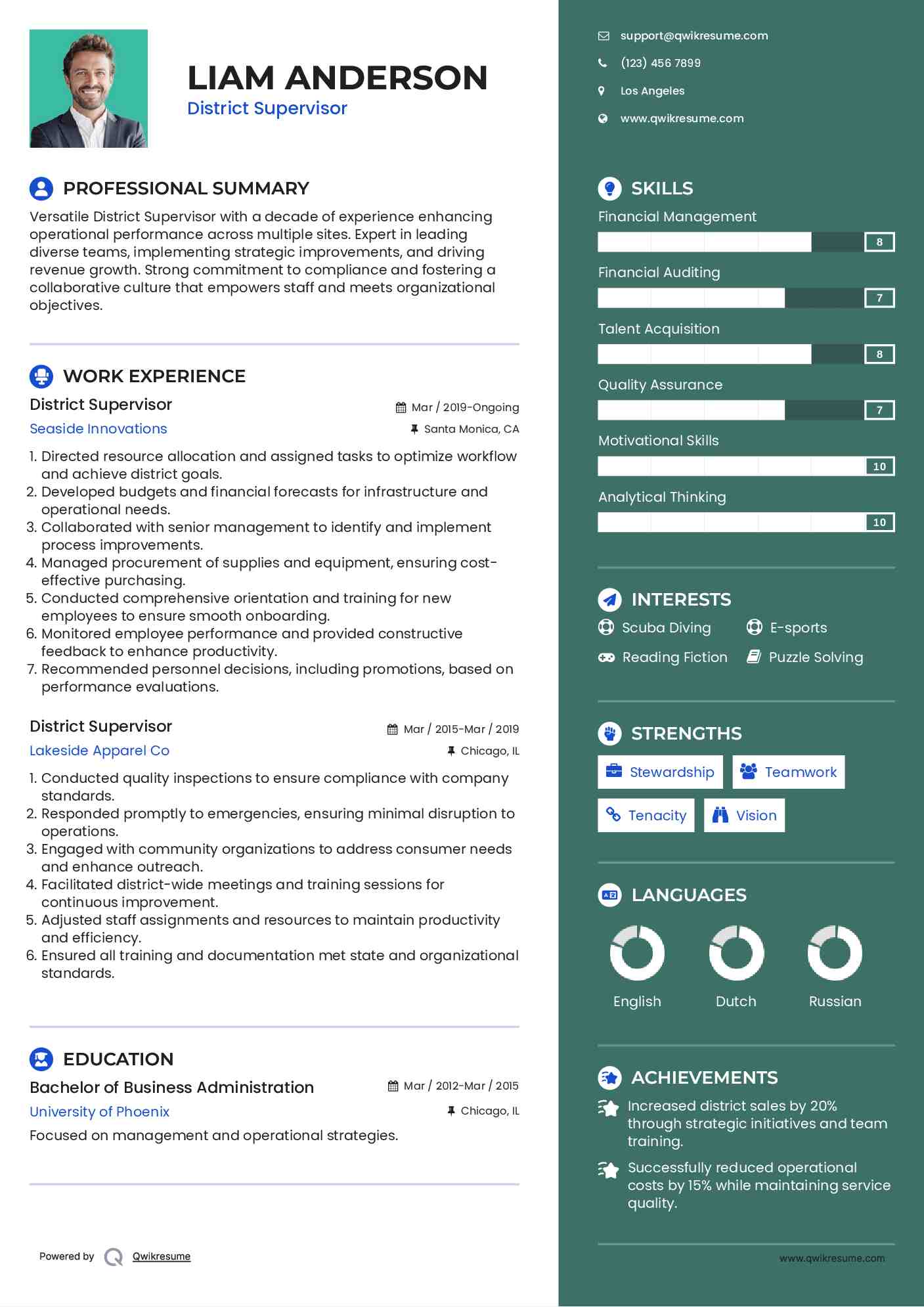District Supervisor Resume Example