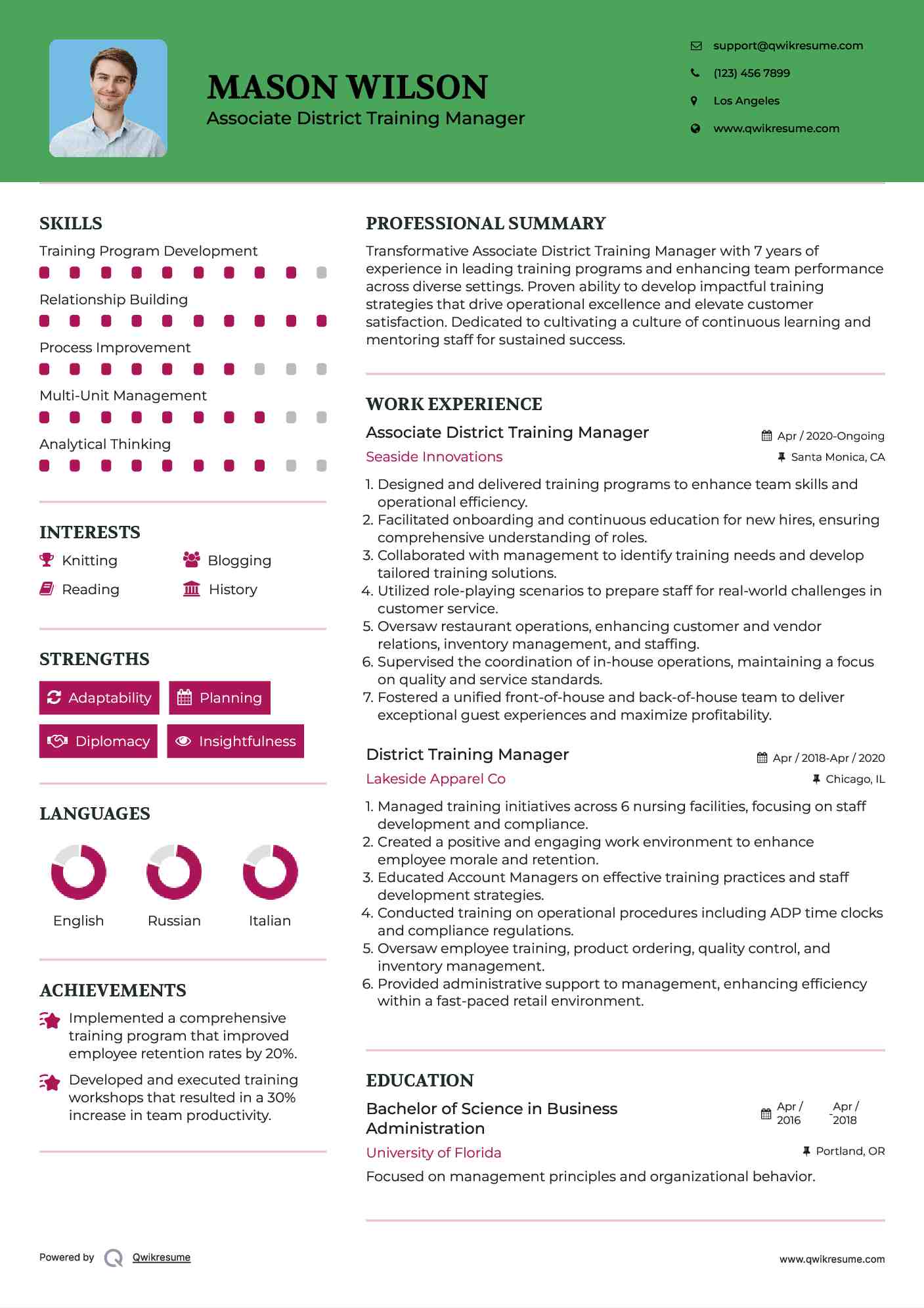 Associate District Training Manager Resume Example