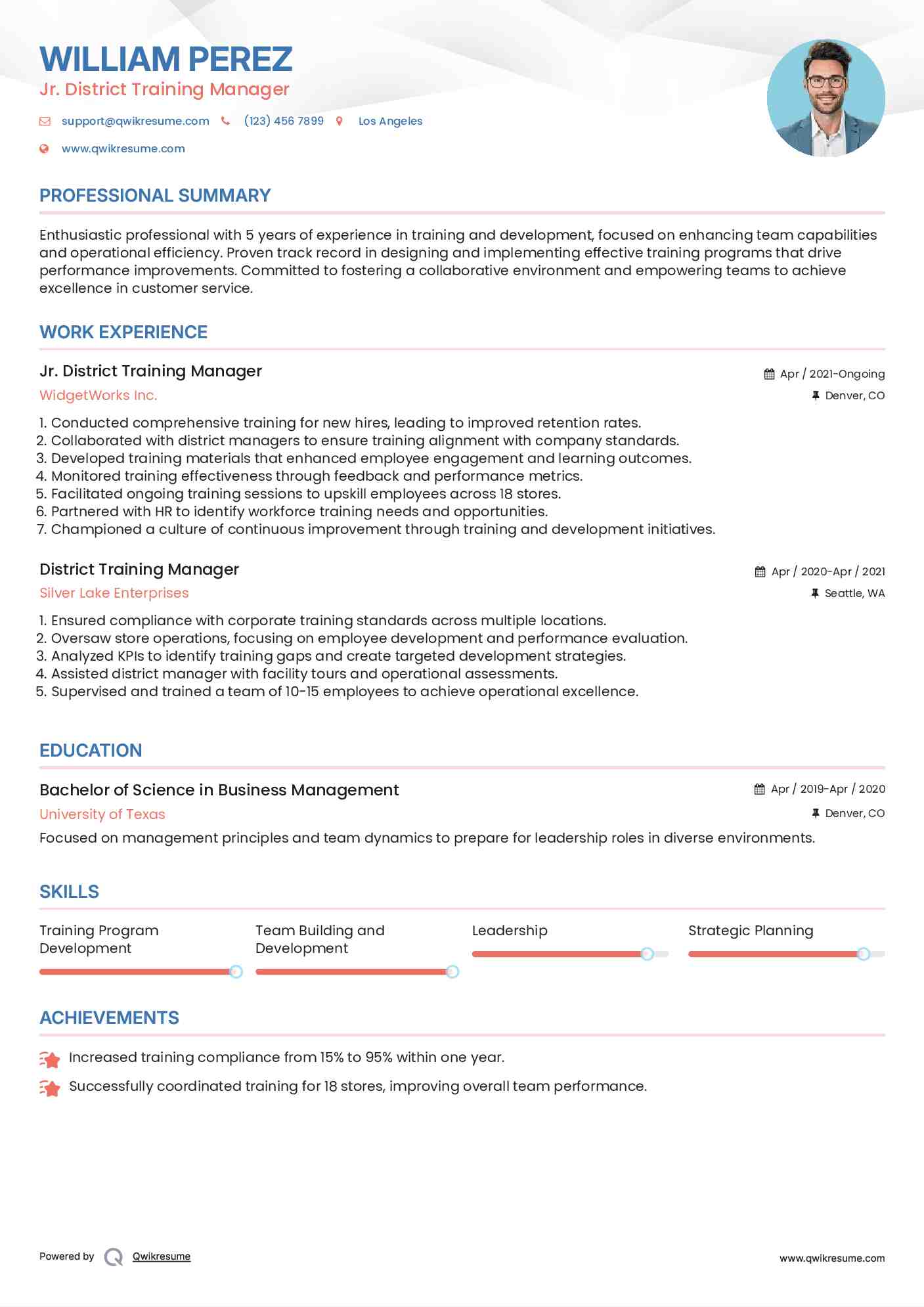 Jr. District Training Manager Resume Example