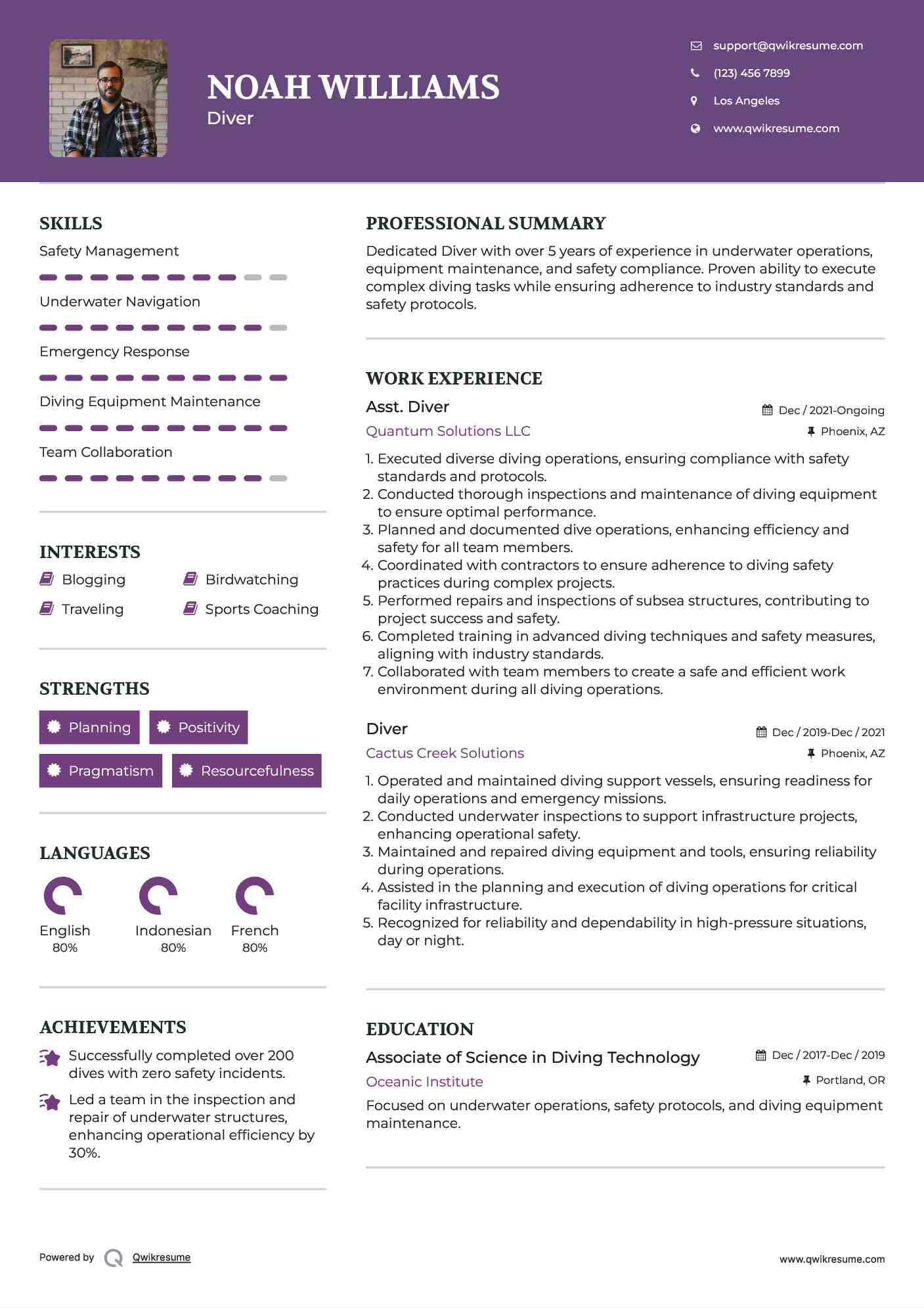 Asst. Diver Resume Sample