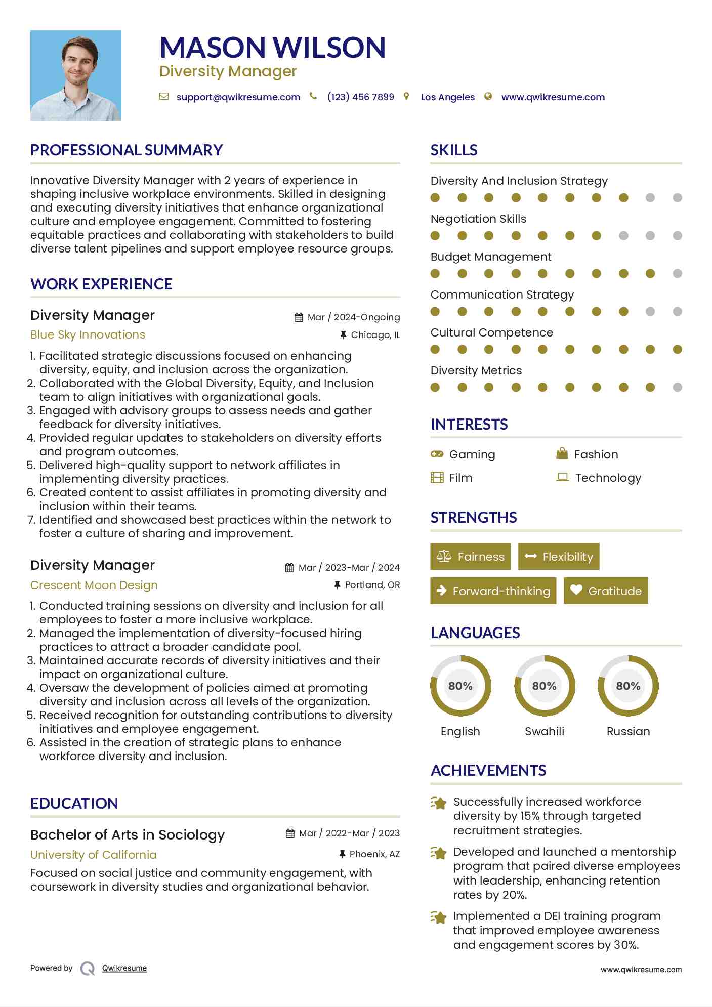 Diversity Manager Resume Example