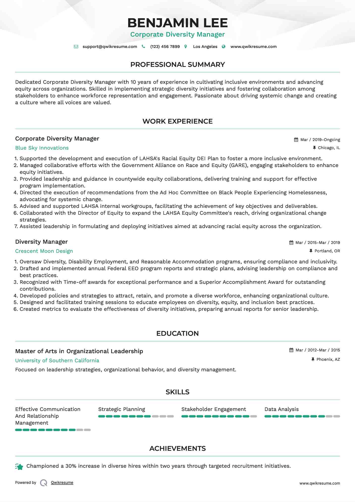 Corporate Diversity Manager Resume Template
