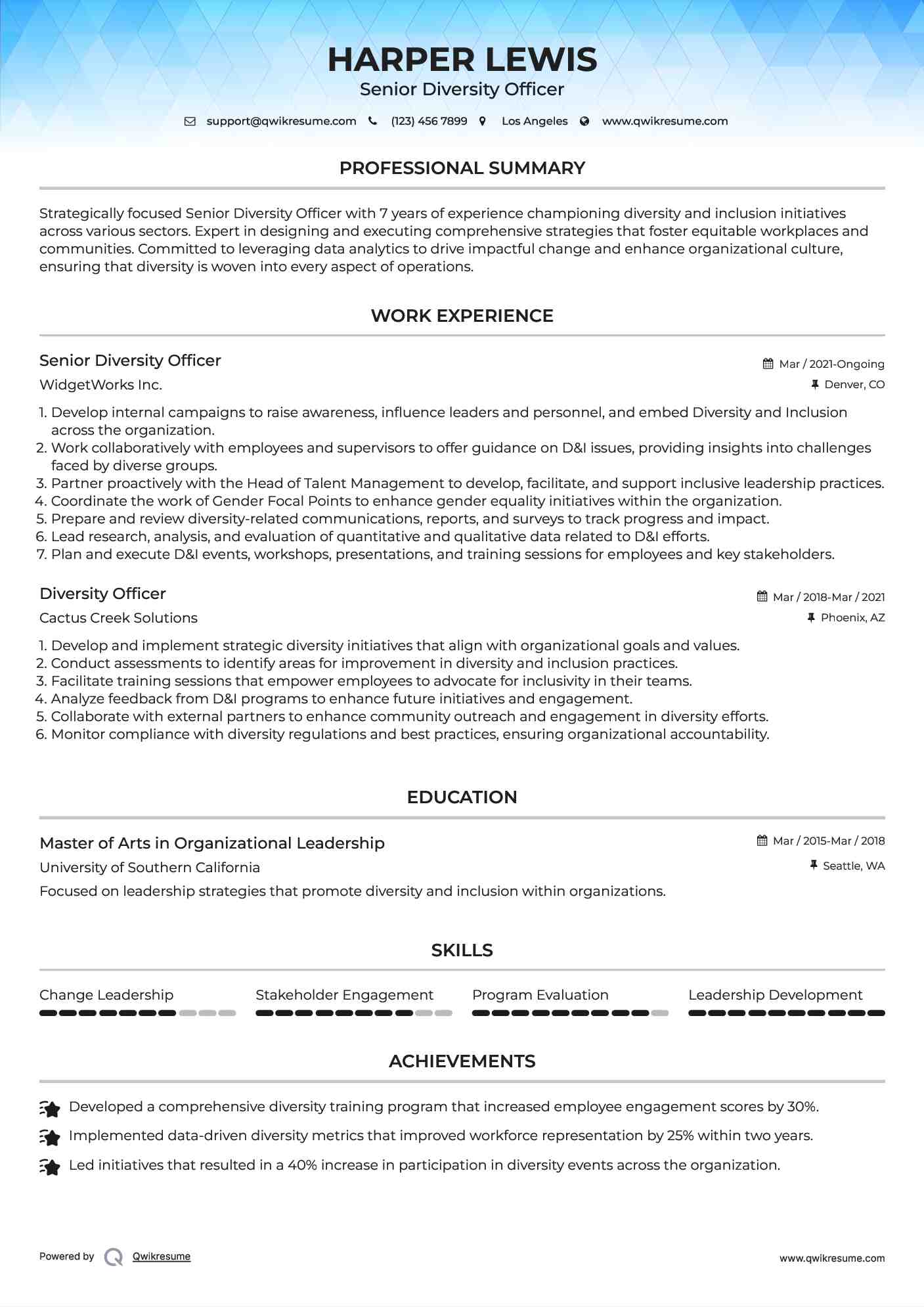 Senior Diversity Officer Resume Example