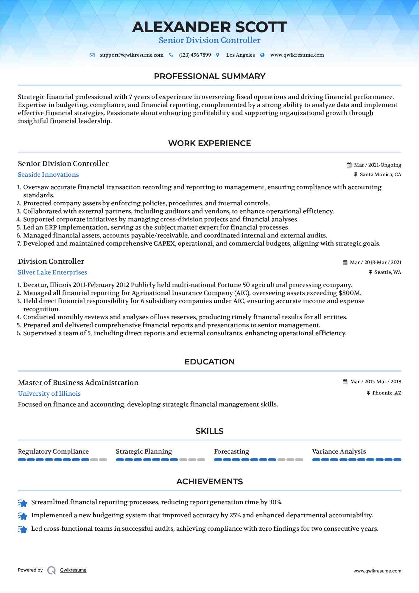 Senior Division Controller  Resume Example
