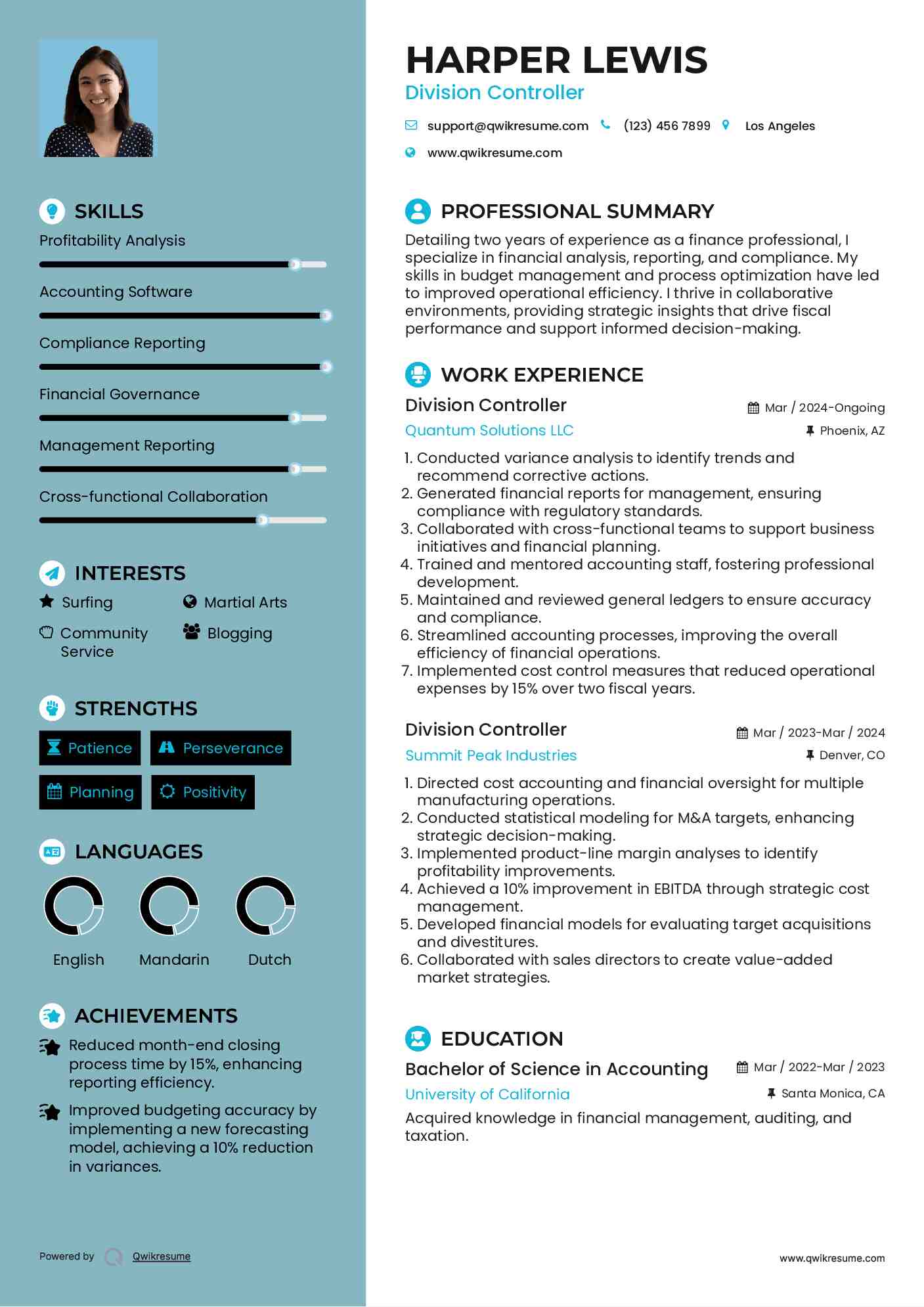 Division Controller Resume Sample