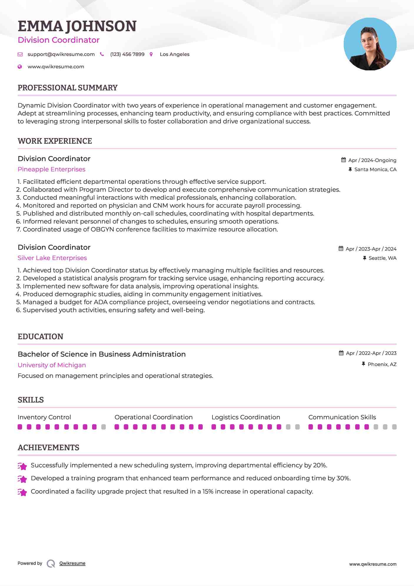 Division Coordinator Resume Model