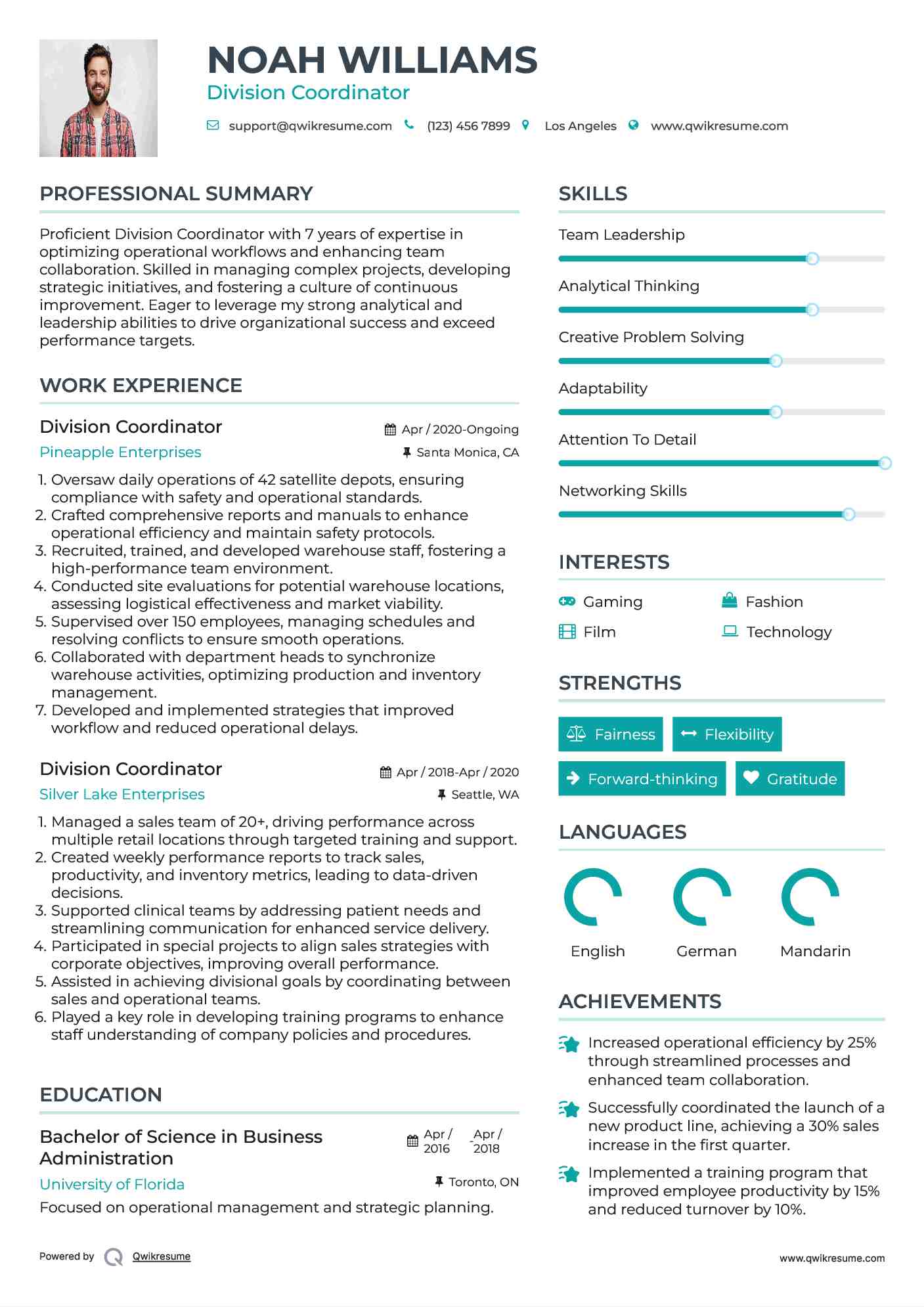 Division Coordinator Resume Sample