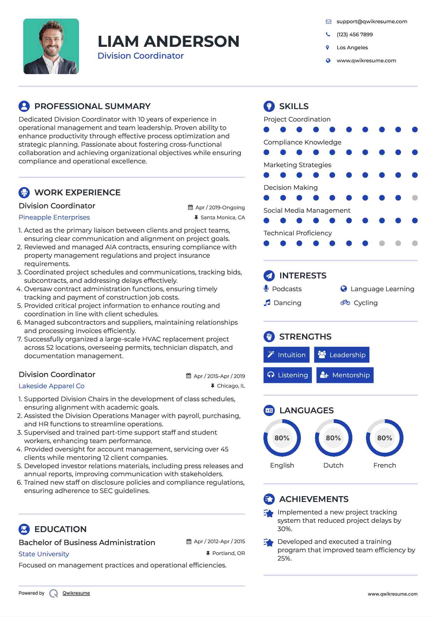 Division Coordinator Resume Model