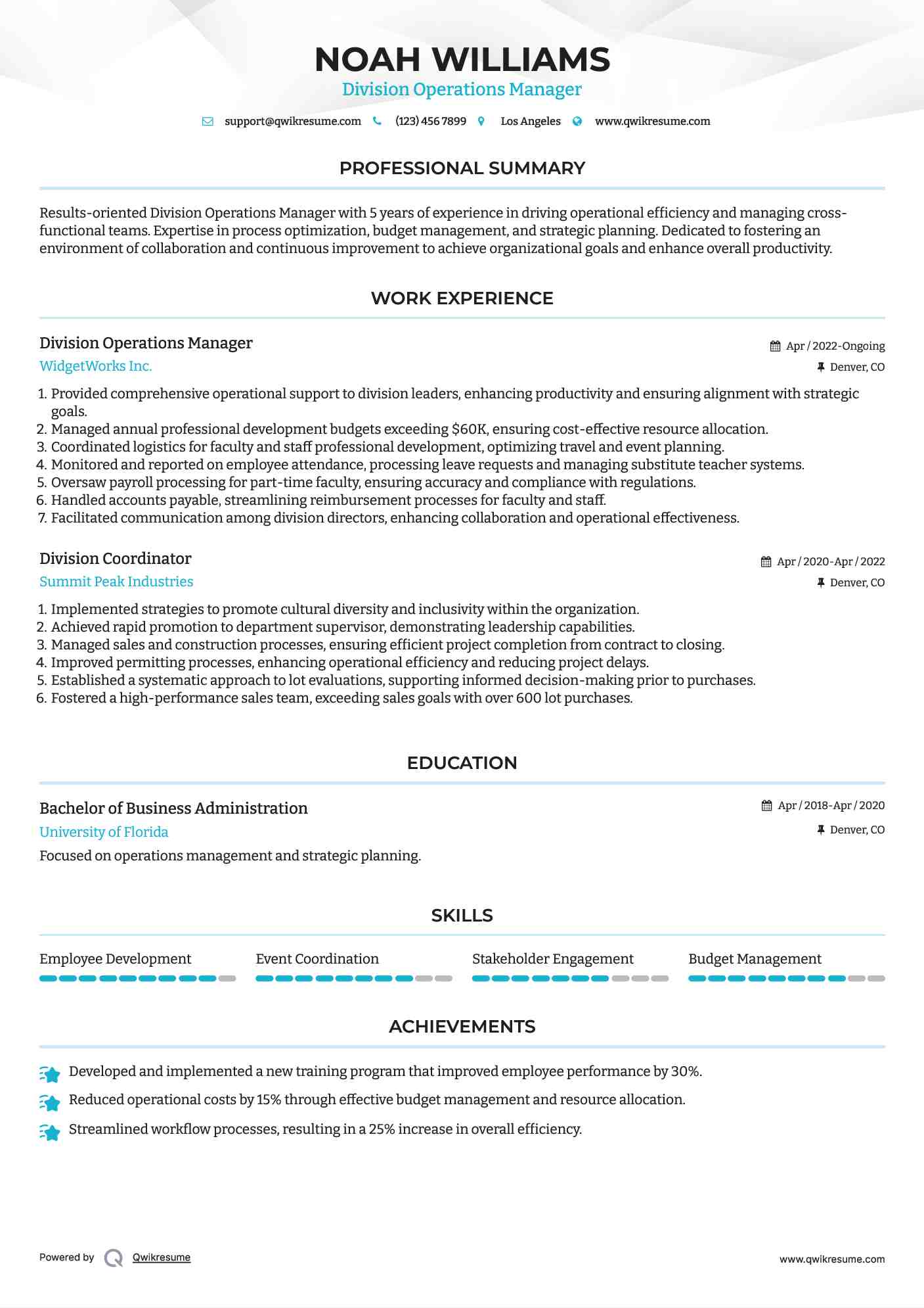 Division Operations Manager Resume Format