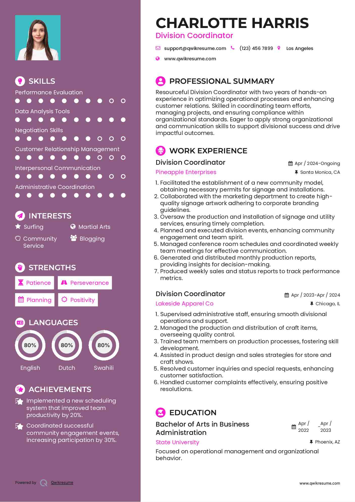 Division Coordinator Resume Template