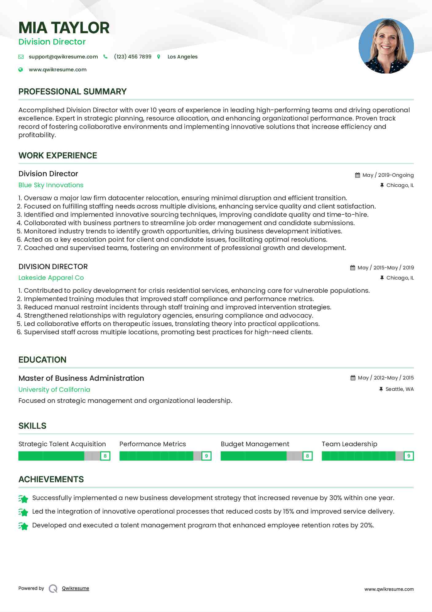 Division Director Resume Example